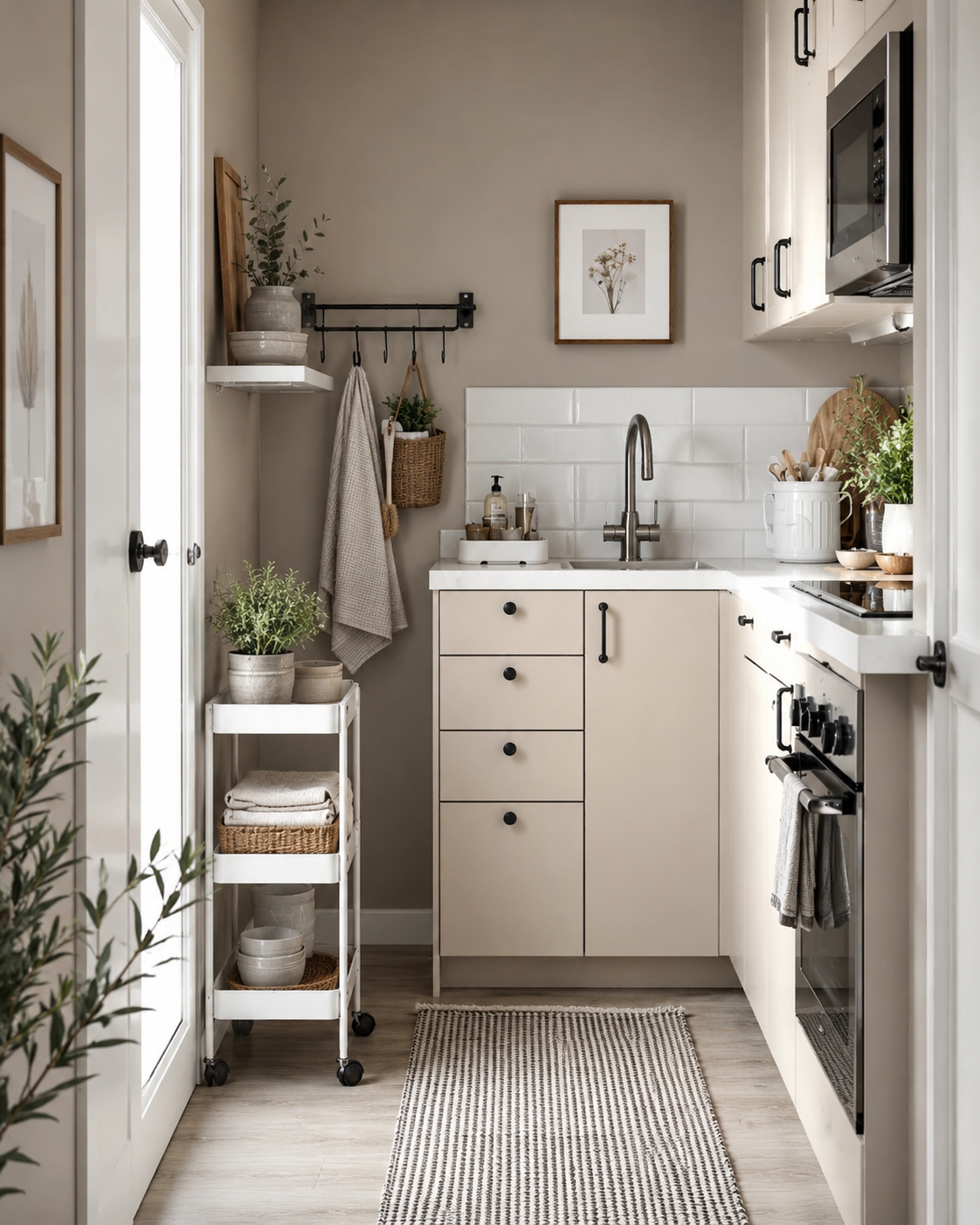 Small apartment kitchen with slim cart, wall rail, floating shelf, narrow runner rug, compact counter tray, and neutral storage styling