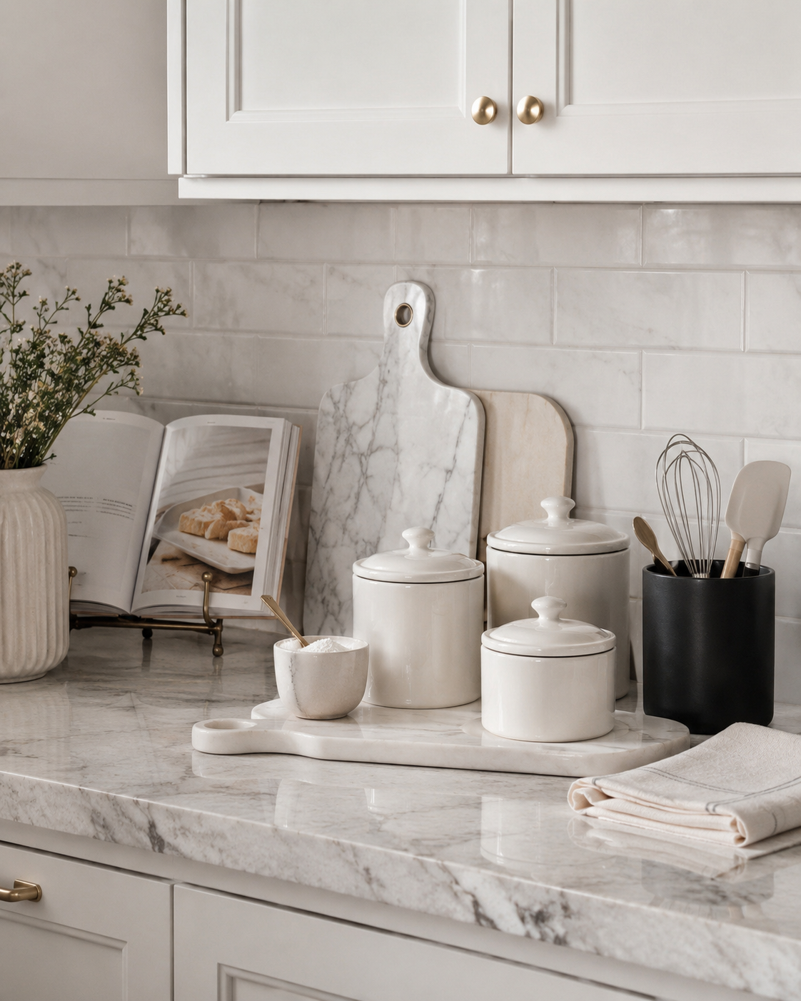 Baking corner counter decor with ceramic canisters, cookbook stand, utensil holder, and marble board
