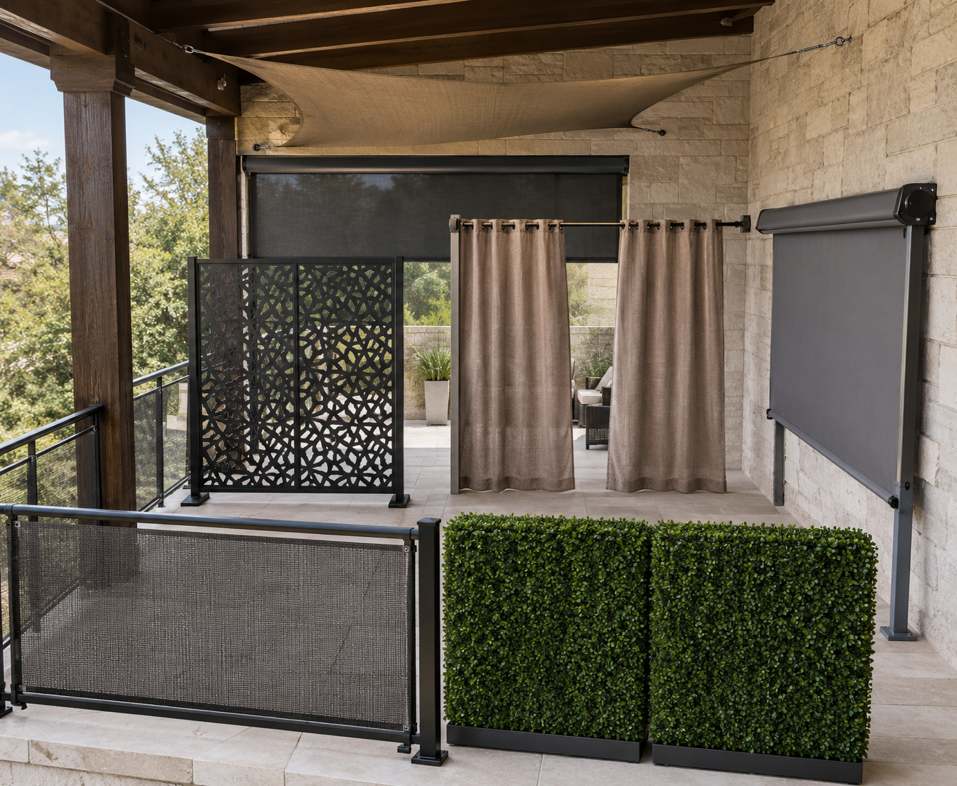 Architectural moodboard comparing mesh screening, boxwood panels, a metal privacy panel, outdoor curtains, a roller shade, shade sail and side awning.