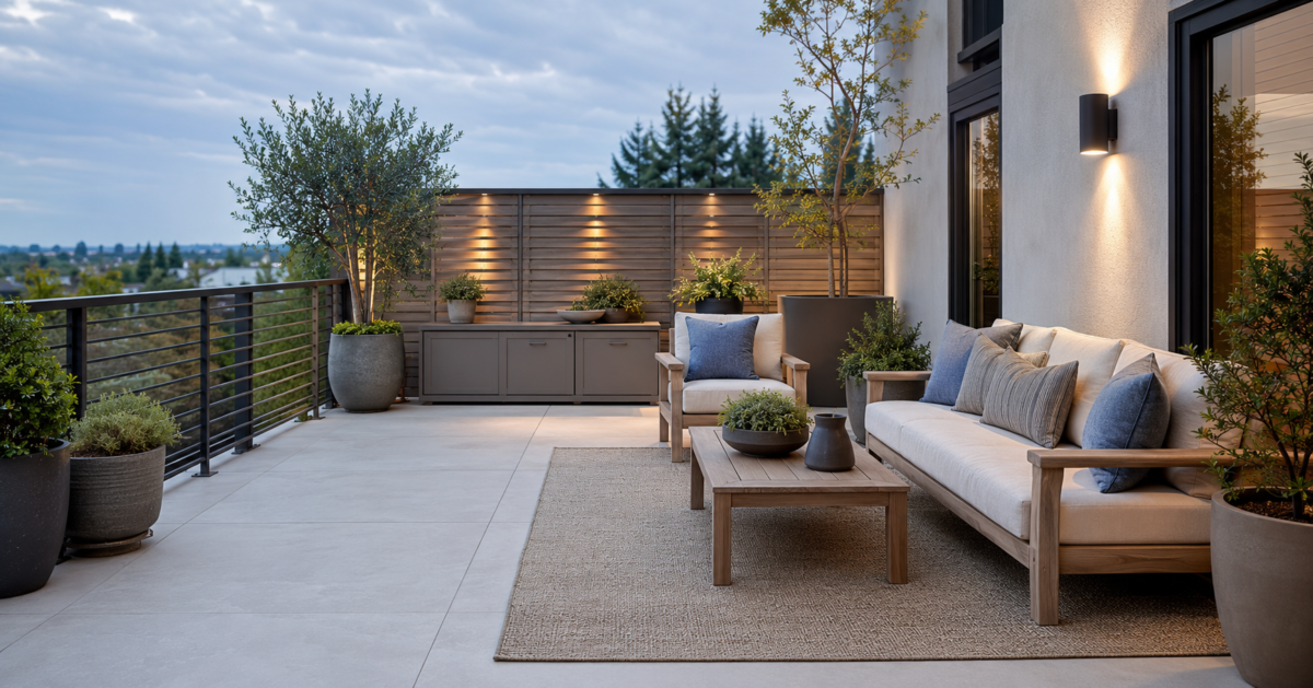 Attainable balcony and patio with compact furniture, planters, lighting, privacy and storage