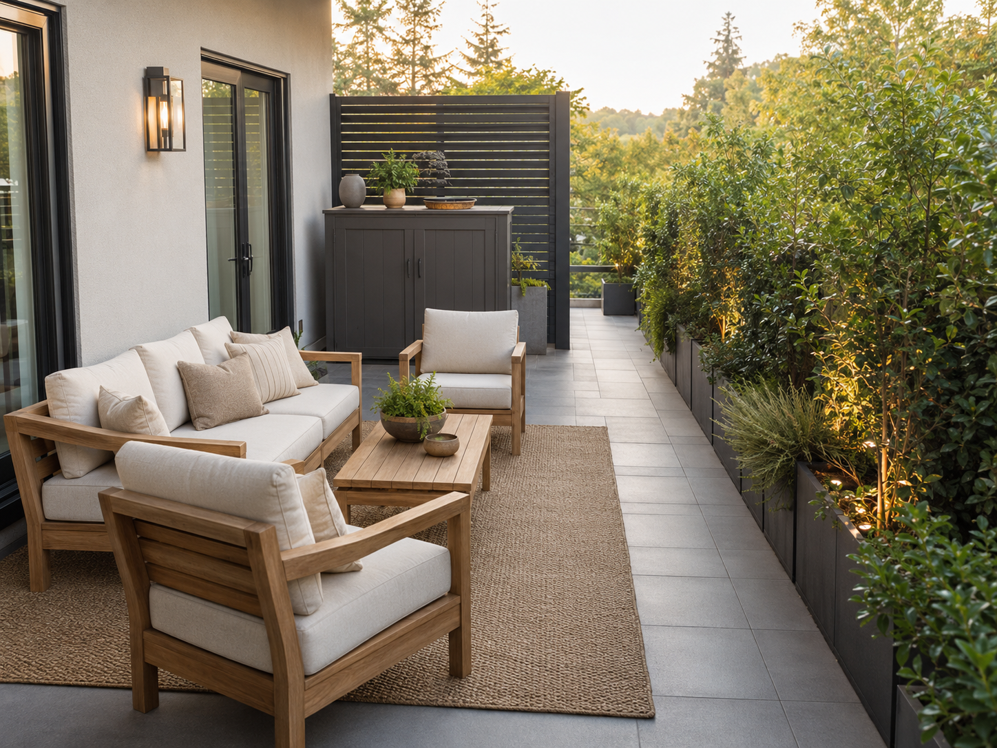 Balcony and patio zone plan with seating, a clear passage, greenery, privacy, storage and lighting