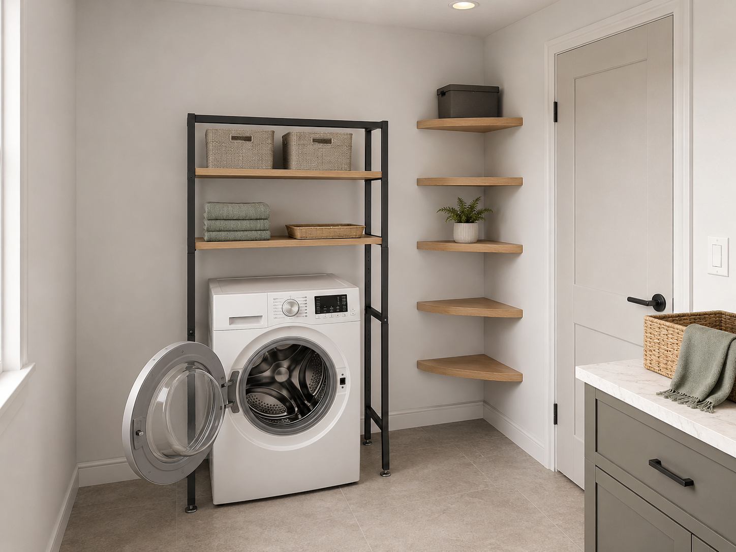 Freestanding over-machine laundry shelving beside five pale oak corner shelves in a compact laundry room.