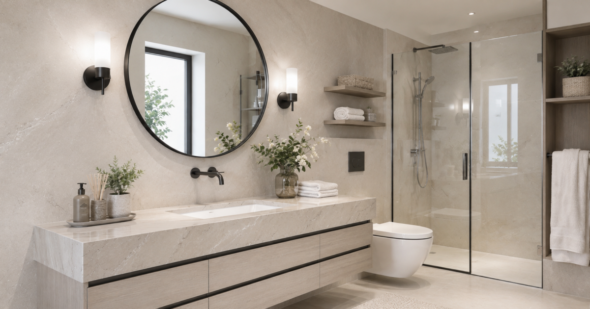 Neutral bathroom with organized vanity, mirror, lighting, textiles and storage