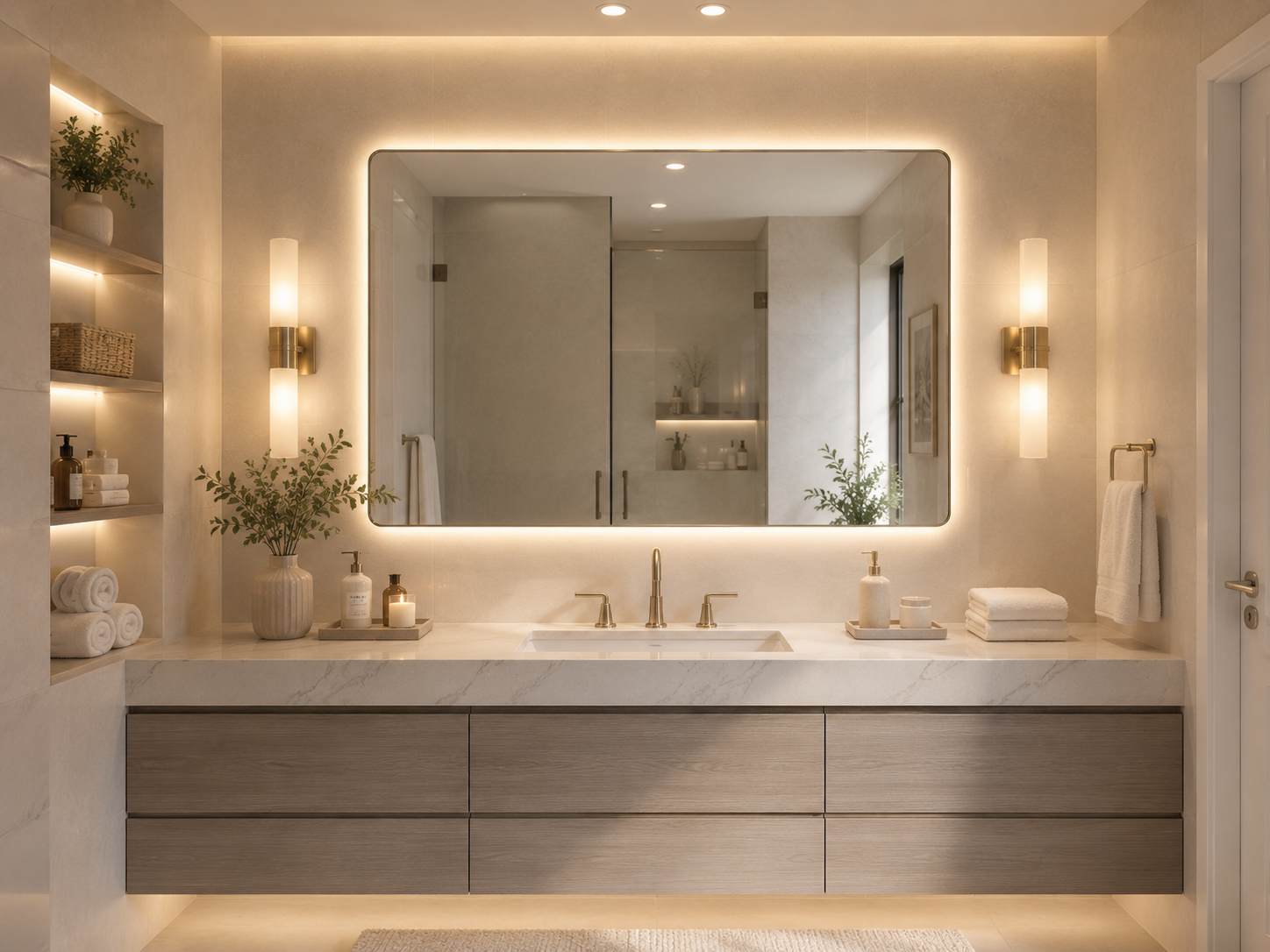 Bathroom lighting with vanity lights, mirror lights, sconces, and soft neutral glow.