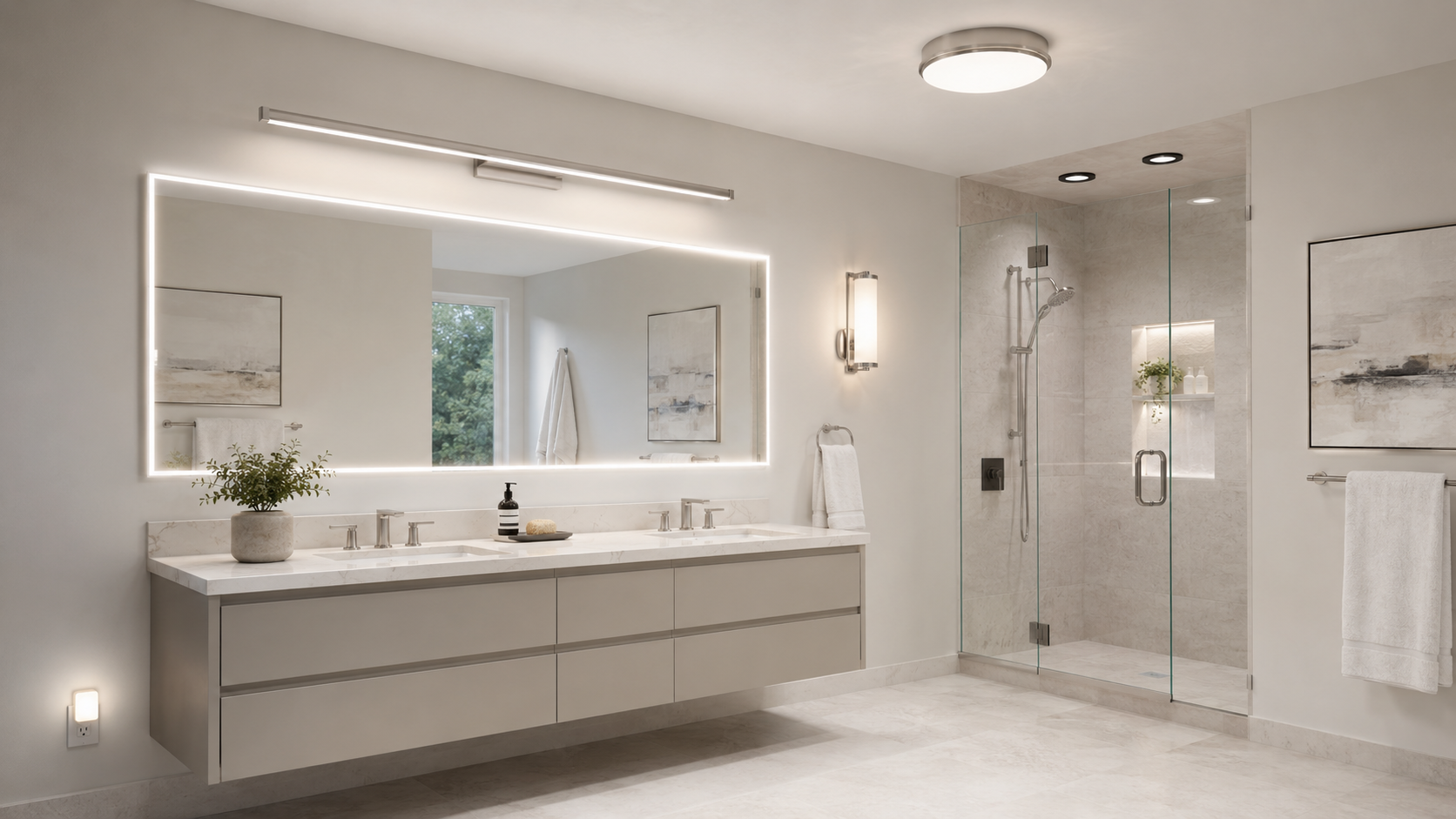 Bathroom showing several lighting zones around the vanity, ceiling, shower and lower room