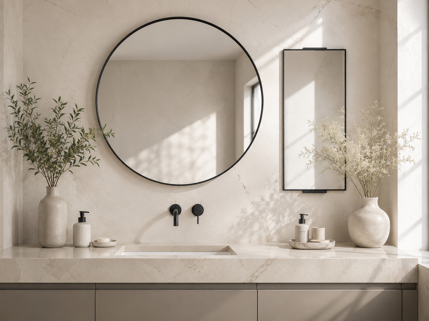 Bathroom mirror category with round mirror, black frame mirror, and vanity mirror styling.
