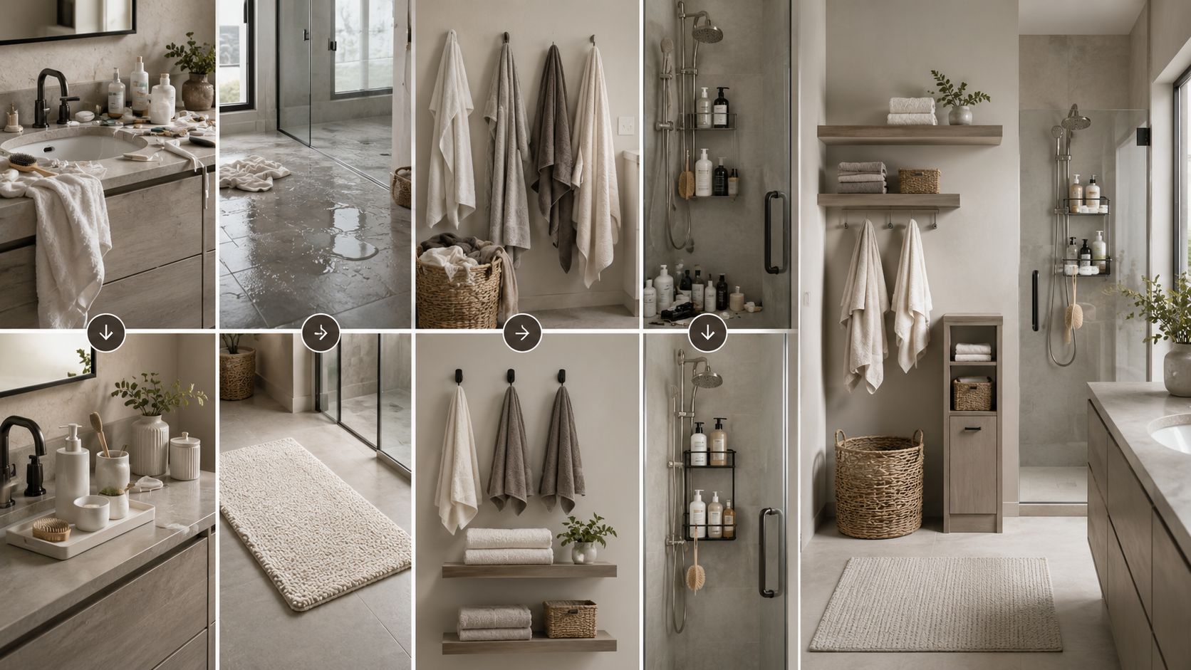 Bathroom problem solver map showing messy vanity, towel clutter, wet floor, shower bottles, unused wall space, and storage issues.