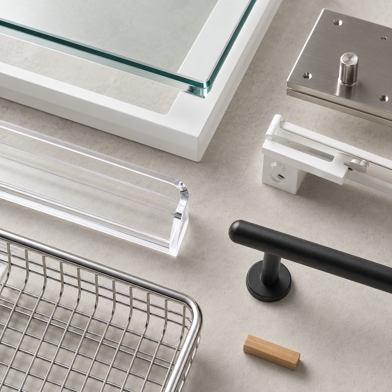 Close-up comparison of glass, acrylic, white metal and dark bathroom shelving finishes