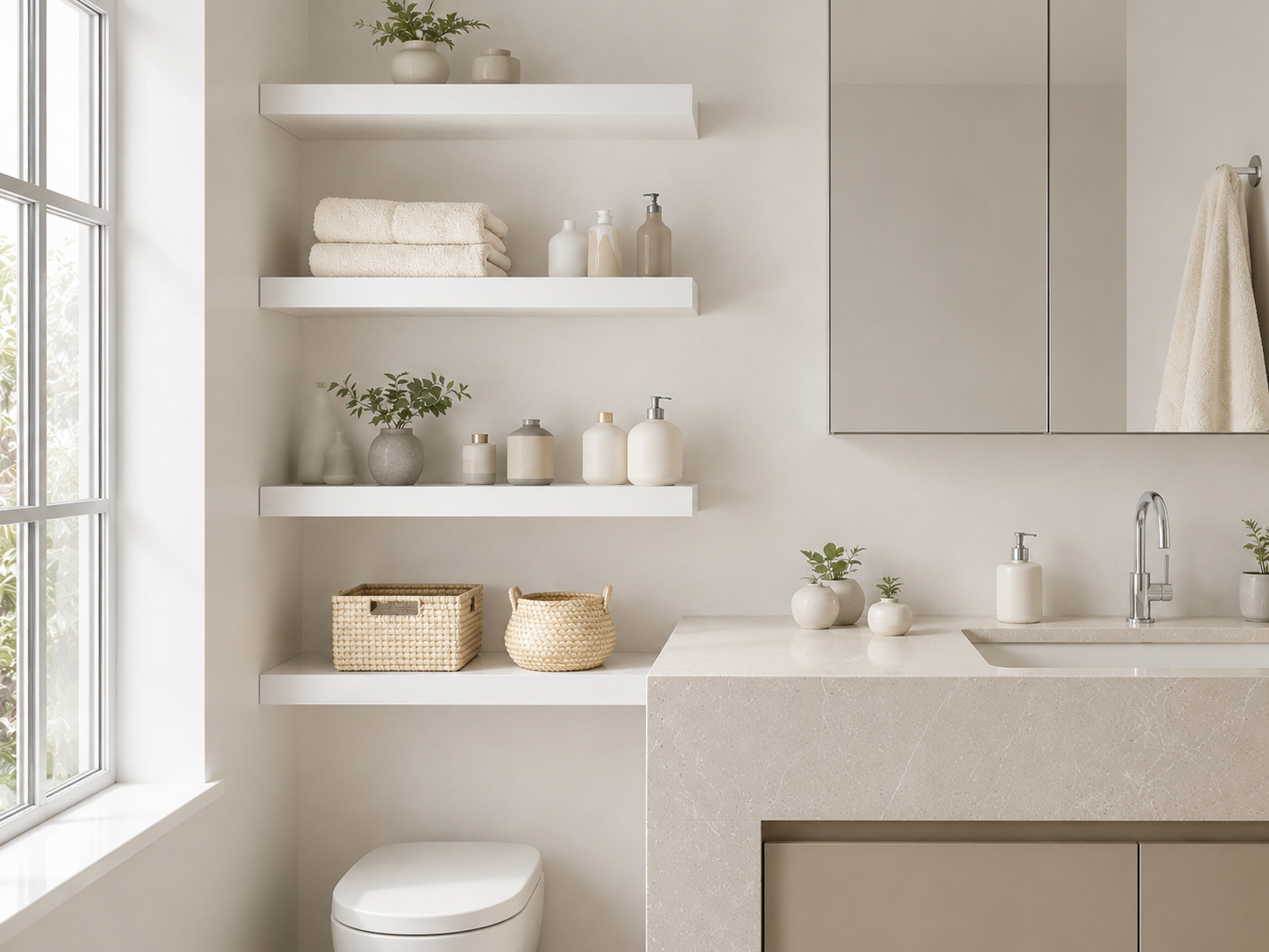 Bathroom shelving with floating shelves, decor jars, towels, baskets, and wall storage.