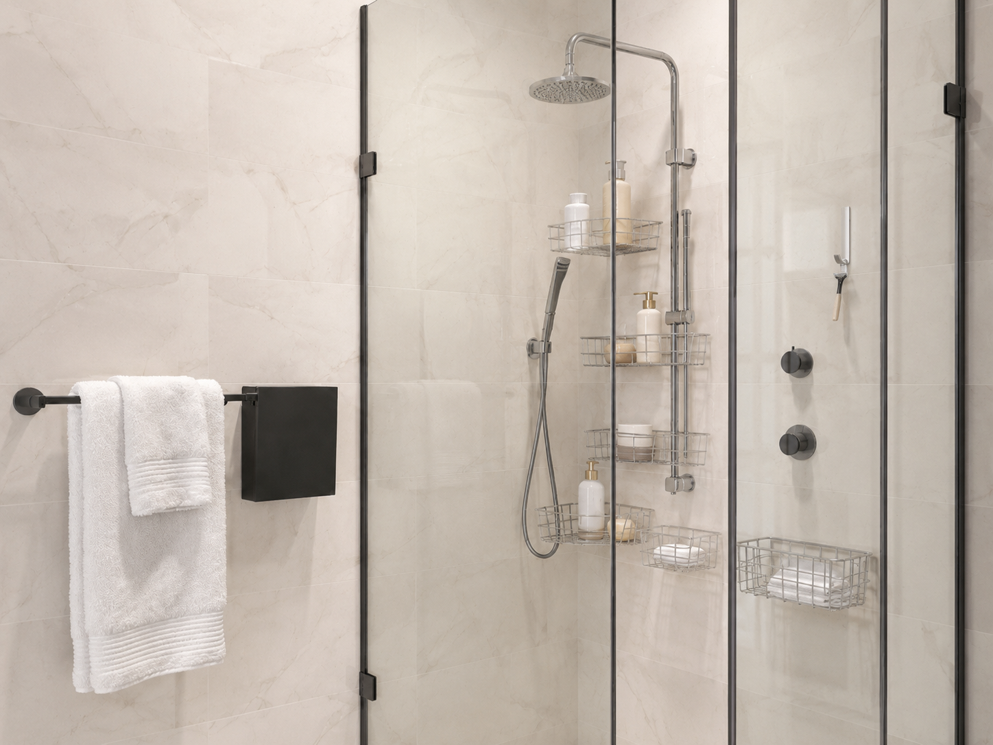 Bathroom shower organization with caddies, shelves, dispensers, hooks, and clean shower storage.