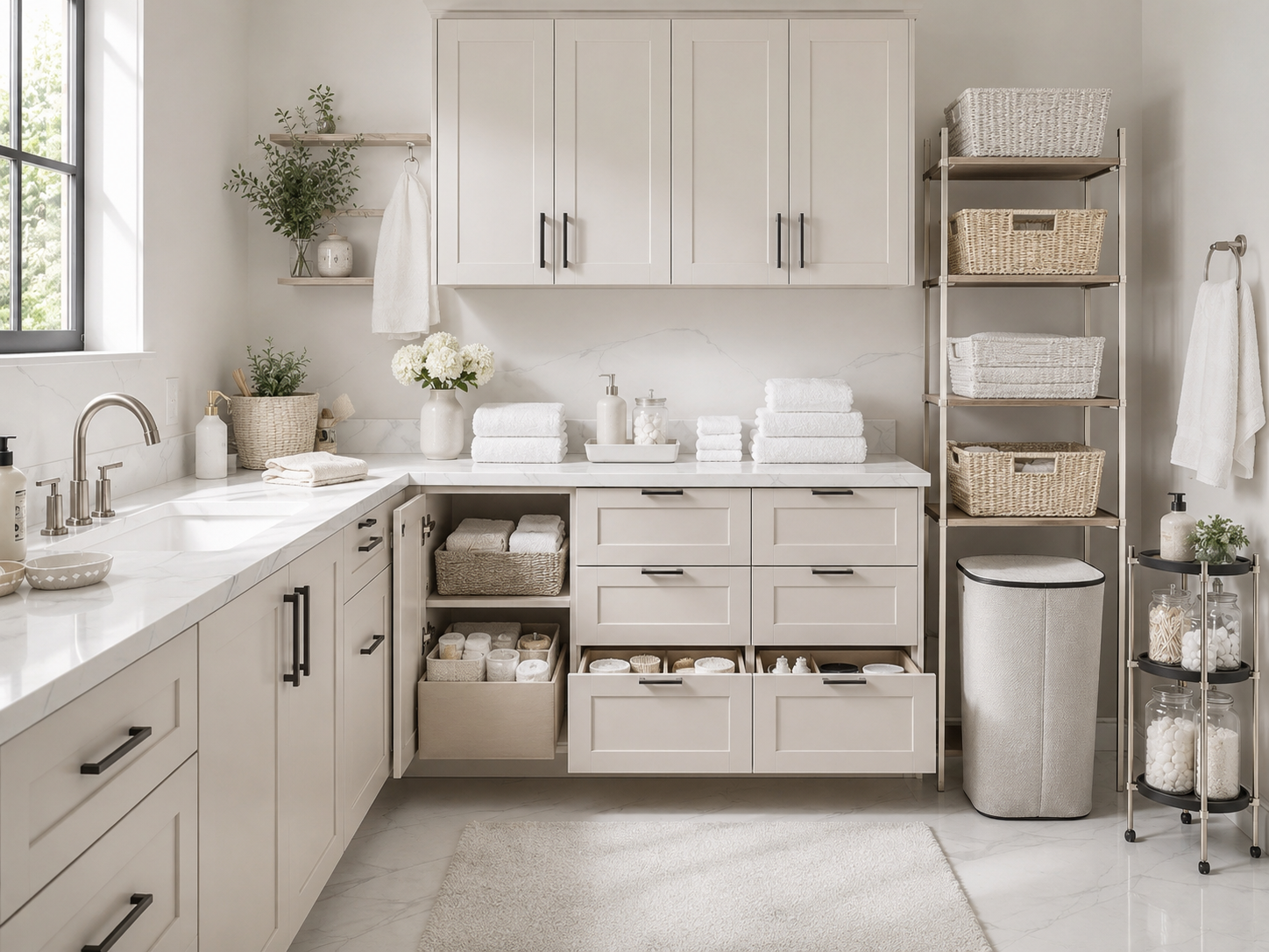 Organized bathroom storage with cabinets, drawers, baskets, towels, and under-sink solutions.