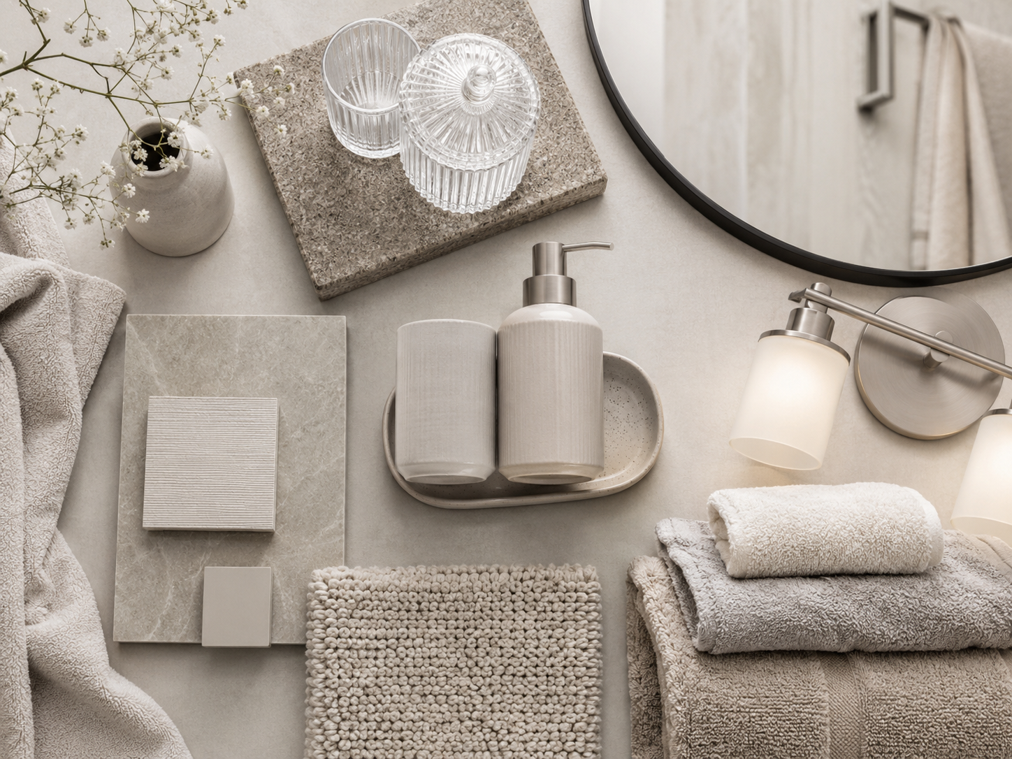 Bathroom style direction board with towels, stone, ceramic, glass jars, mirror detail, lighting, and neutral spa decor.