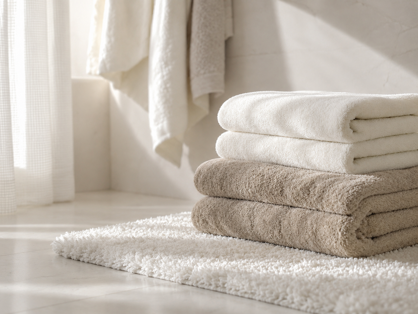 Bathroom towels and textiles with stacked towels, bath mat texture, and soft neutral fabrics.