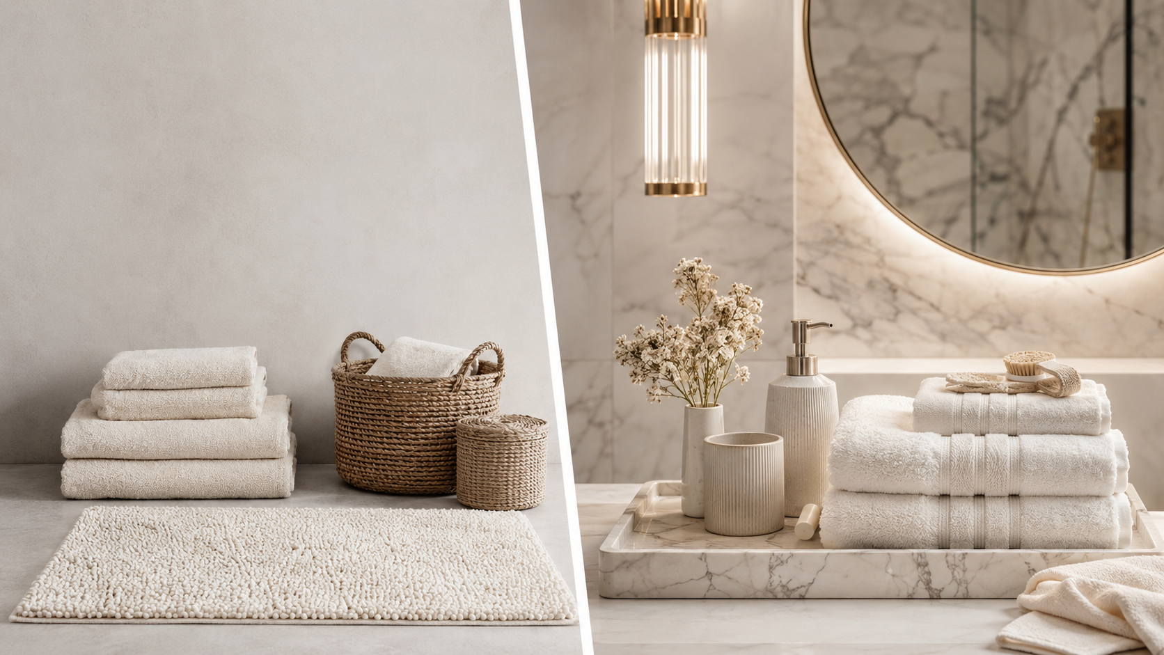 Bathroom upgrade level gateway with towels, bath mat, baskets, vanity tray, lighting, and spa styling.