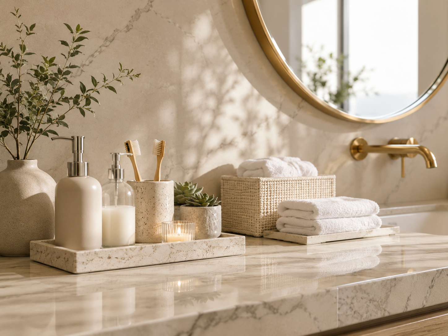 Bathroom vanity decor with trays, jars, soap dispensers, towels, and counter styling.