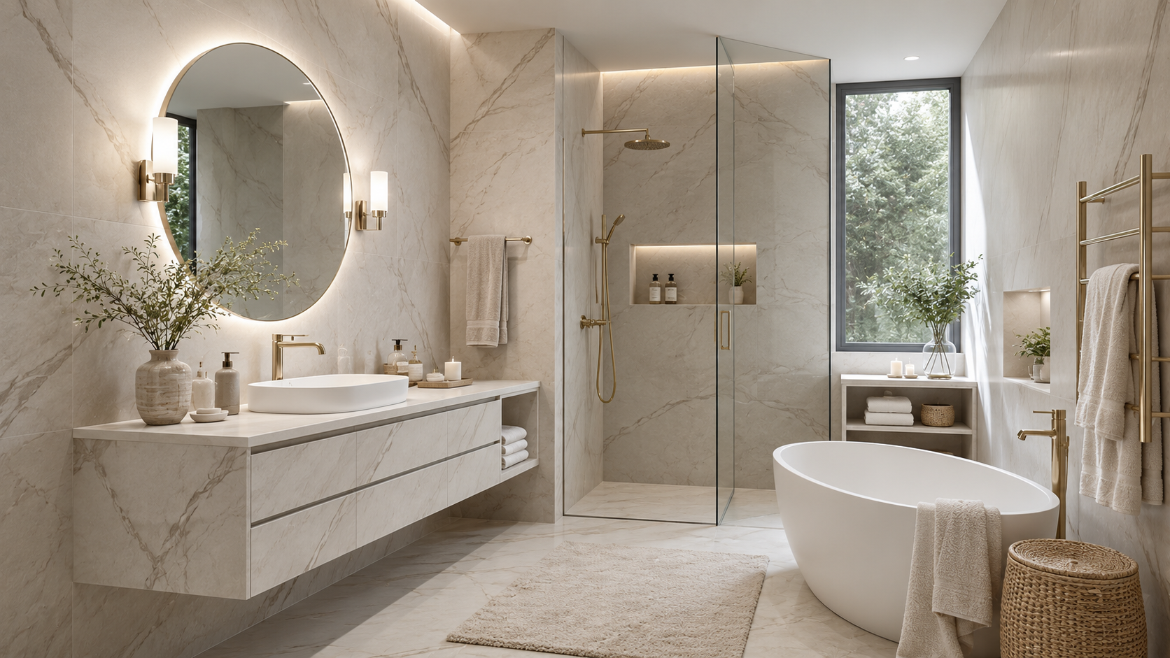 Bathroom zone map showing vanity counter, mirror wall, lighting line, wall shelving, shower zone, towel layer, storage core, and compact corners.