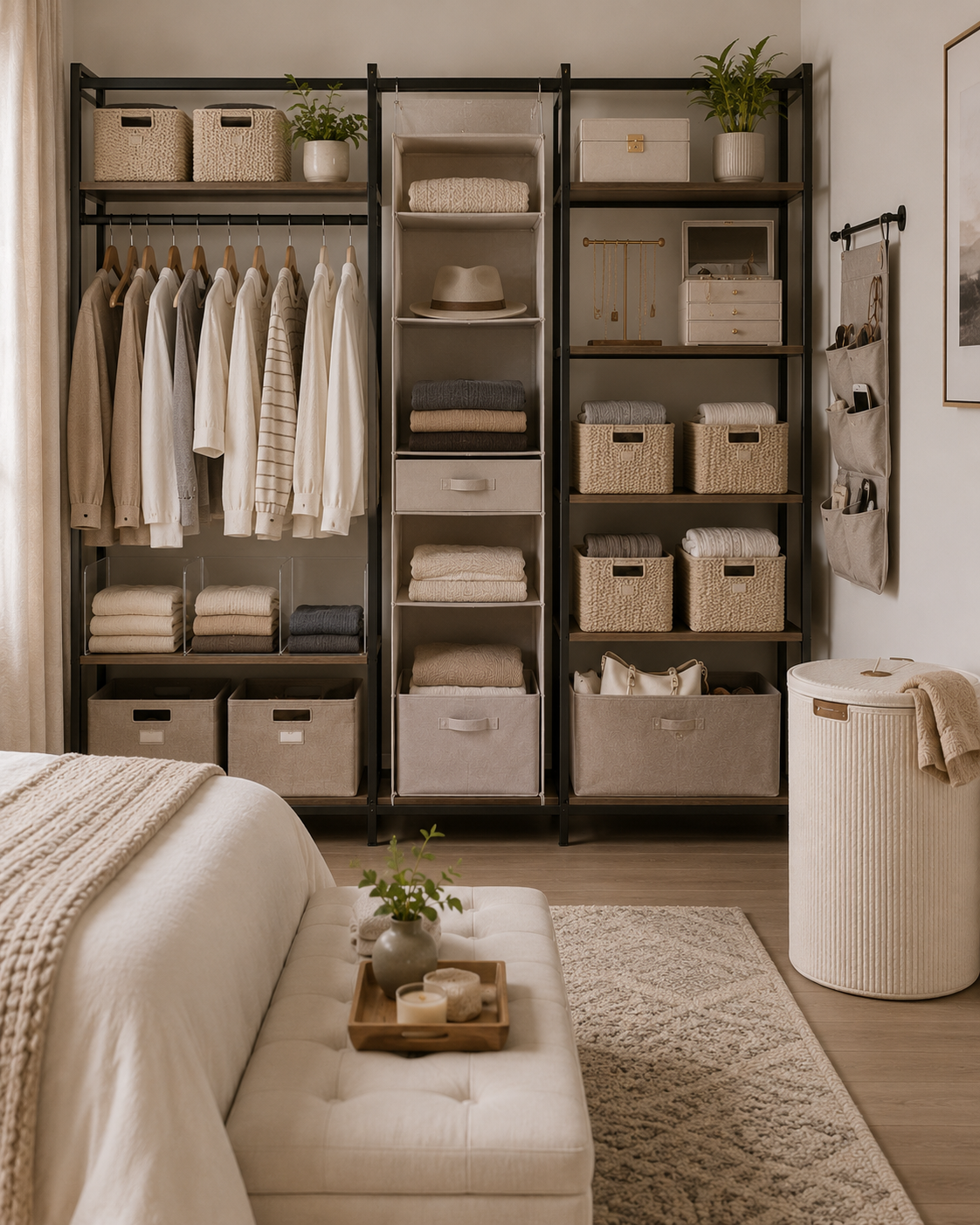 Organized bedroom closet wall with hanging shelves, storage baskets, fabric bins, jewelry storage, and laundry hamper