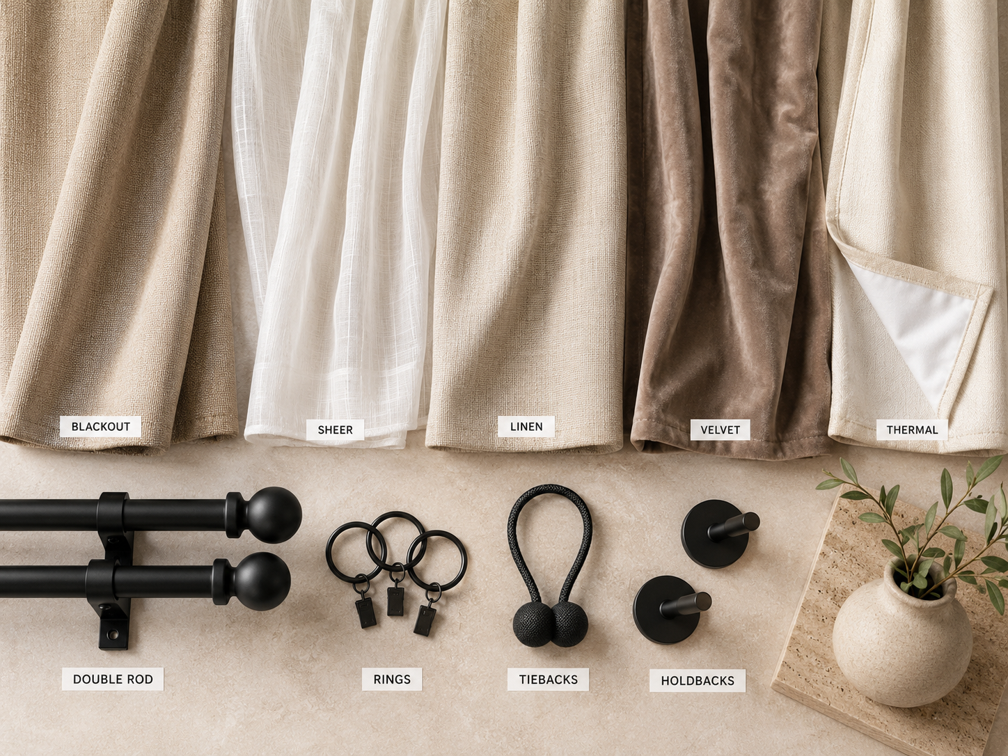 Curtain fabric and hardware moodboard with blackout, sheer, linen, velvet, thermal, rods, rings, tiebacks, and holdbacks.