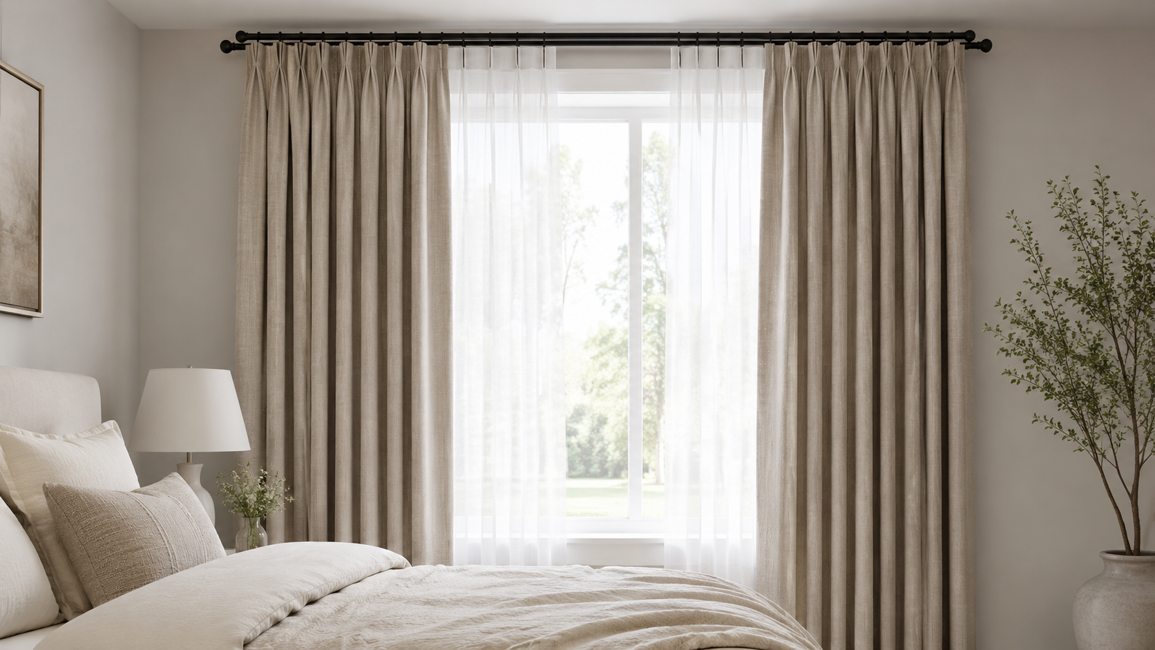 Layered bedroom curtains with oatmeal drapes, white sheers, and a matte black double rod in a neutral bedroom.