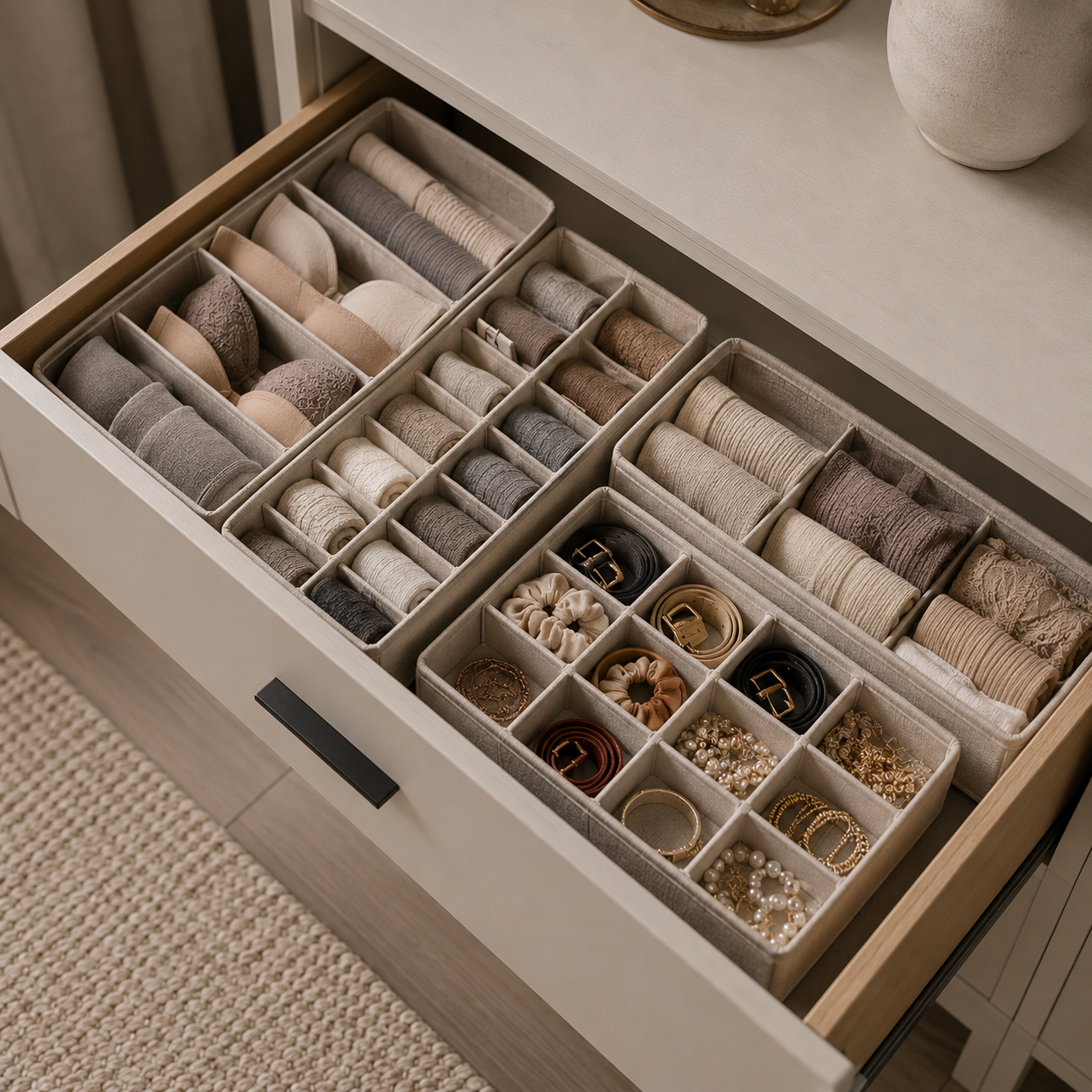 Organized dresser drawer with fabric dividers, folded clothes, jewelry, belts, socks, and accessories