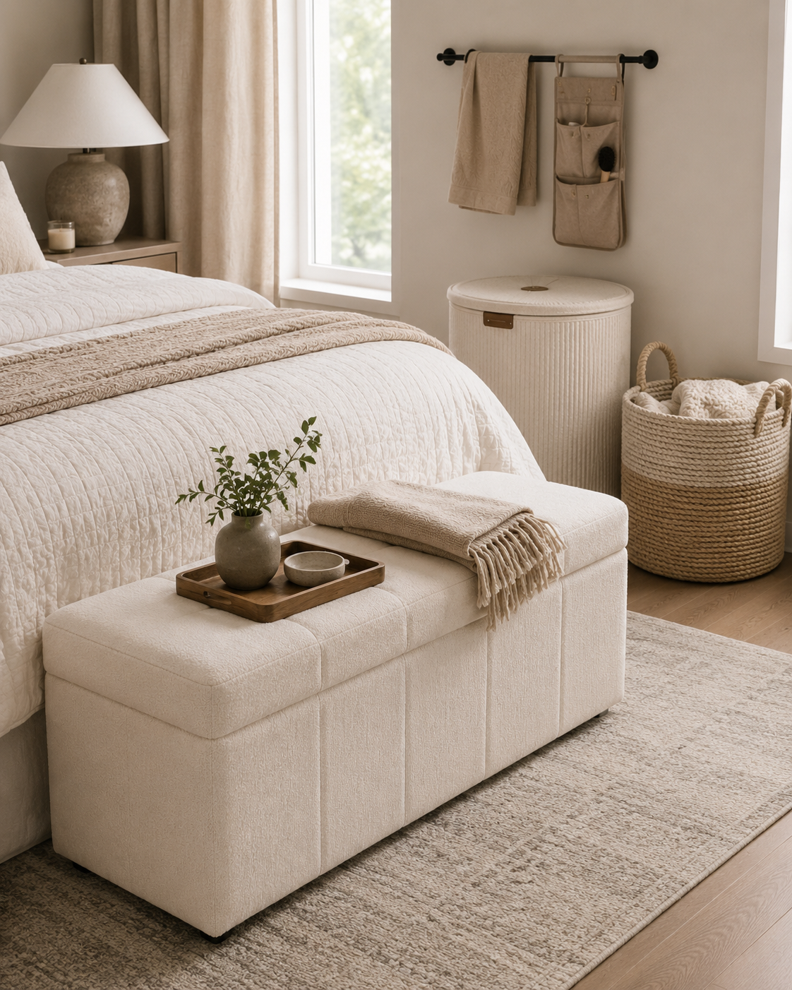 Neutral bedroom with upholstered storage bench, laundry hamper, woven basket, bedside storage, and soft bedding