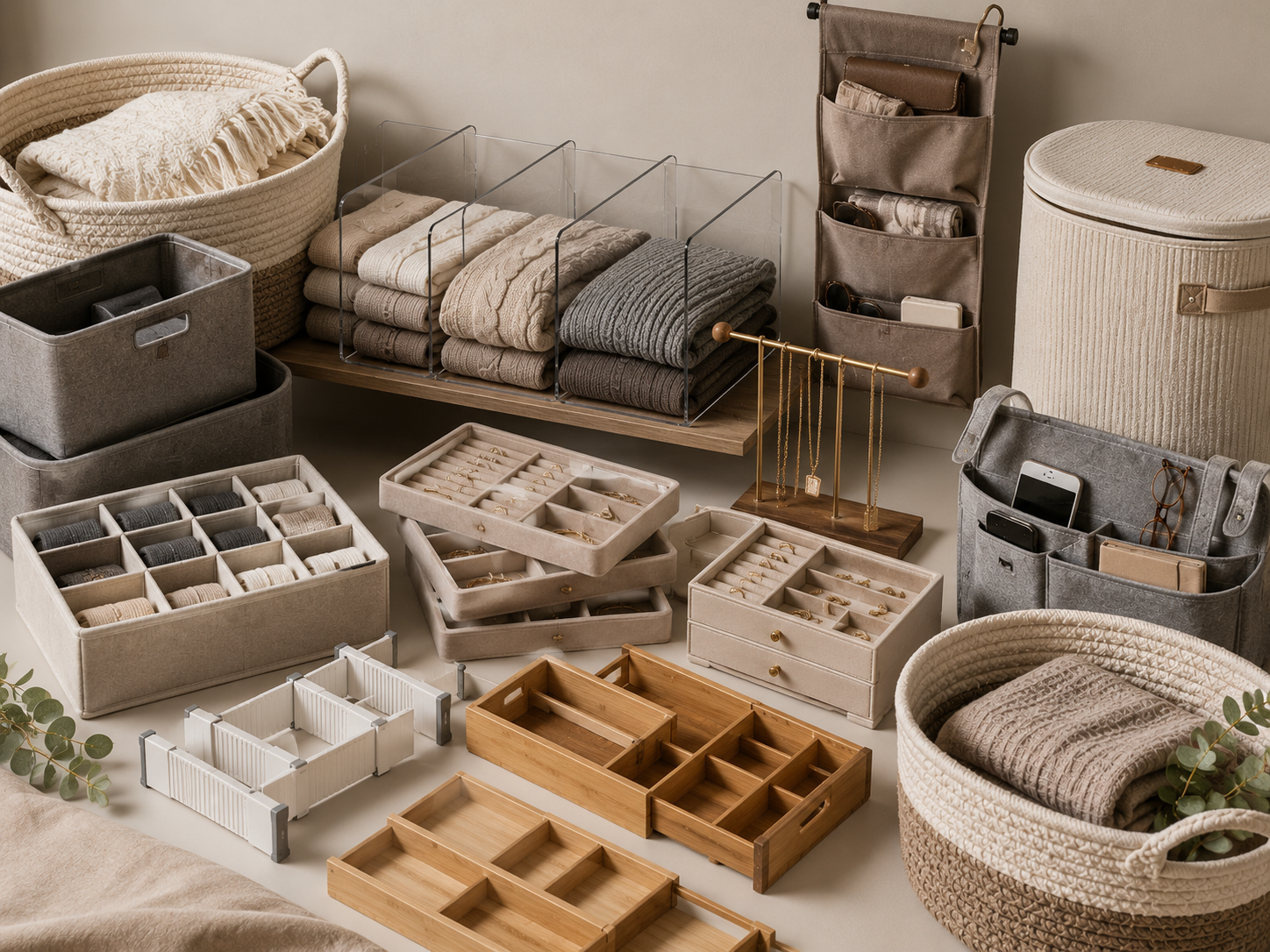 Bedroom storage moodboard with drawer dividers, baskets, shelf dividers, jewelry trays, and bedside organizers