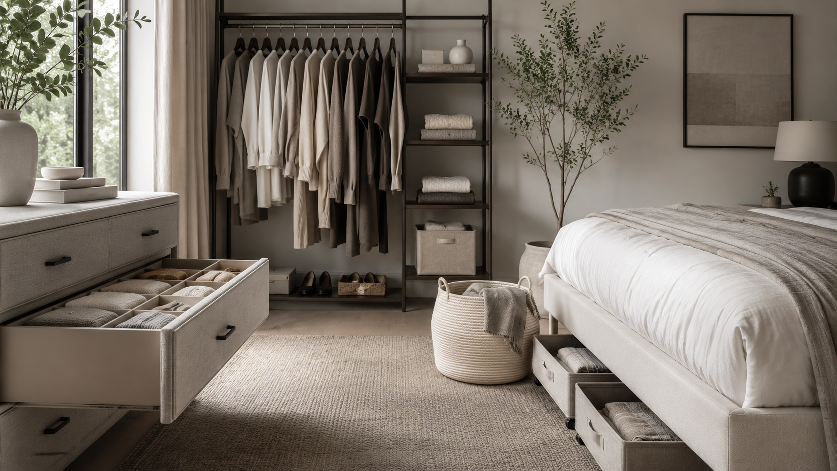 Neutral bedroom storage setup with open closet organizer, under-bed drawers, fabric drawer organizers, and woven basket