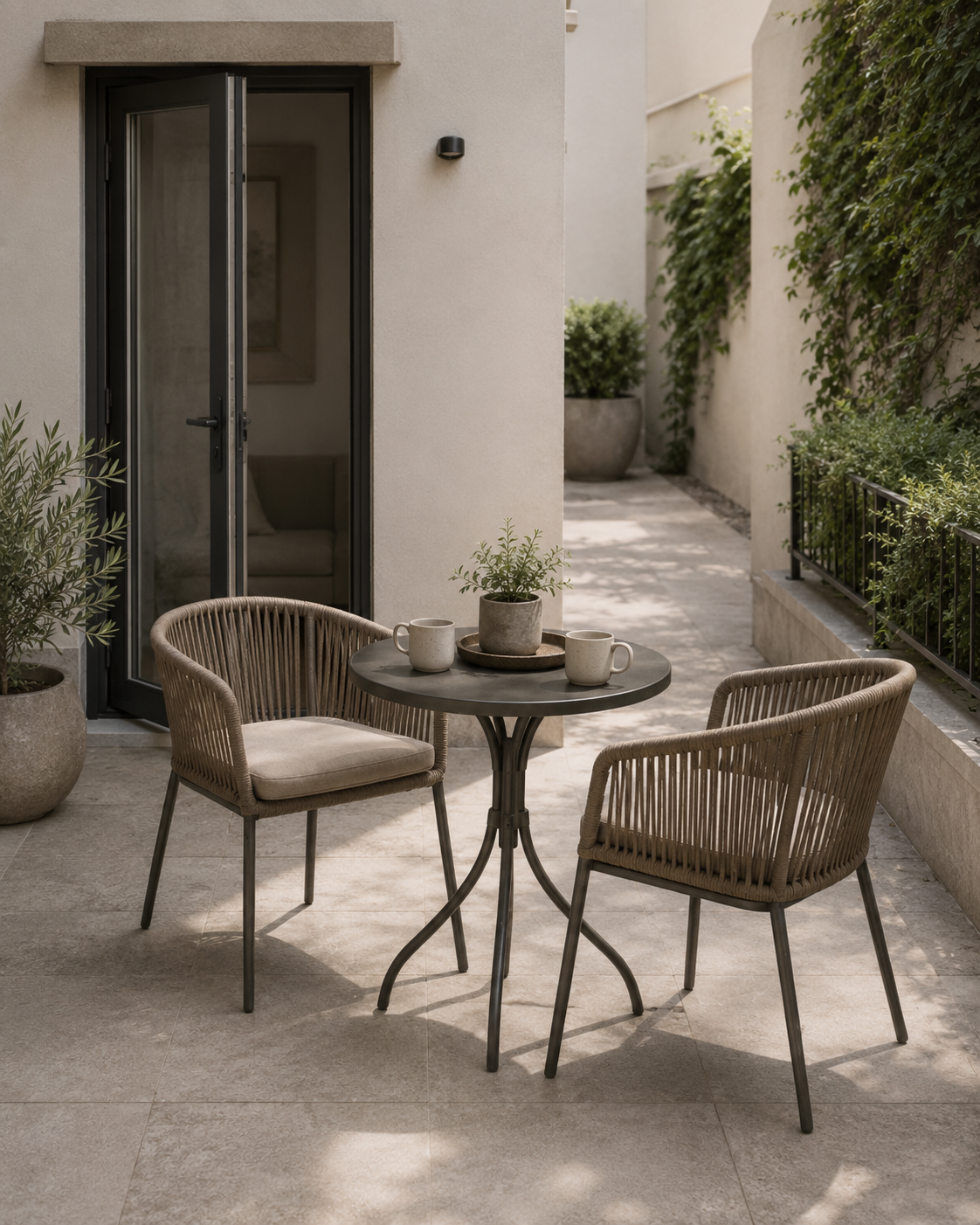 Two woven patio chairs around a small round bistro table beside an open doorway and planted walkway