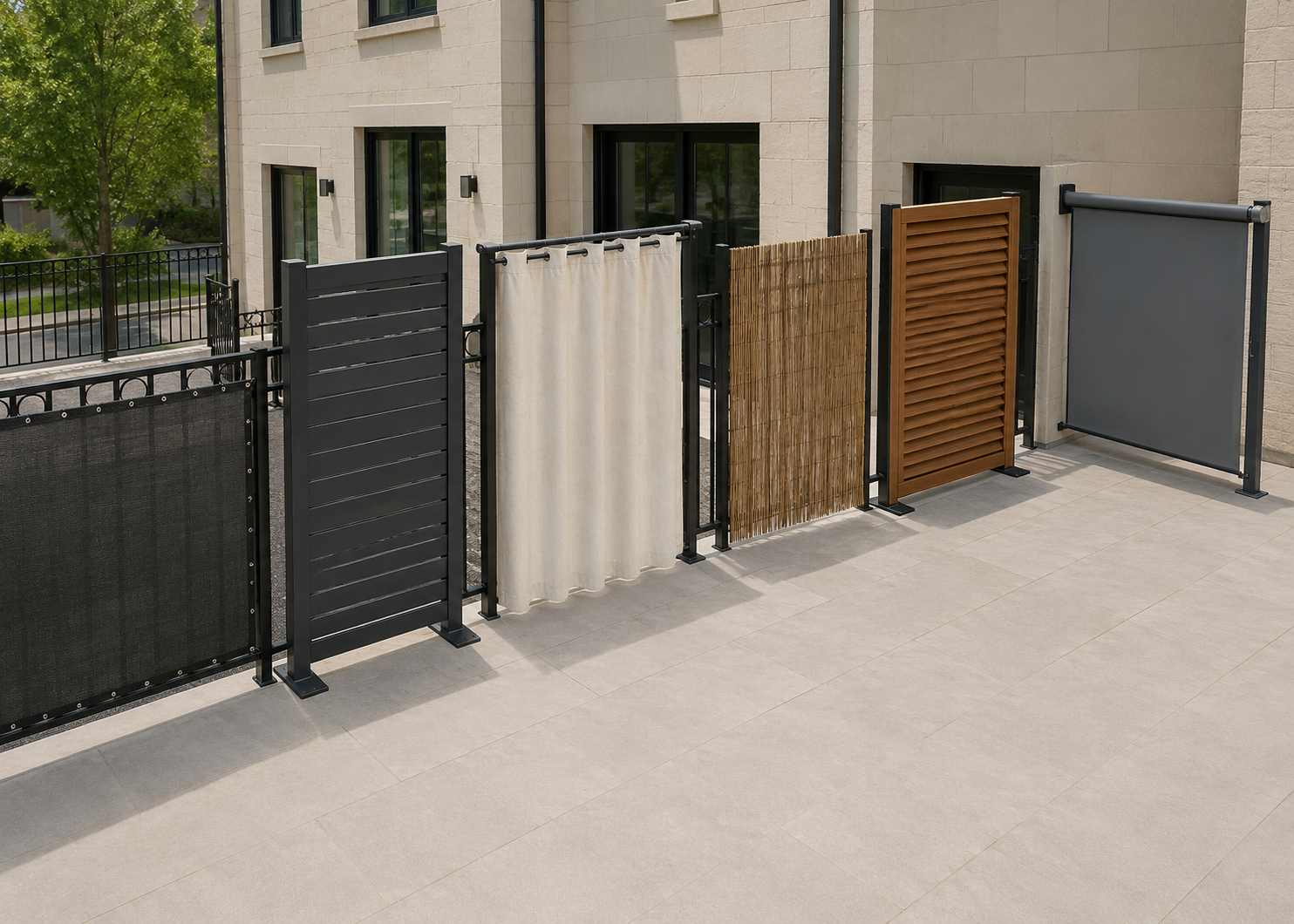 Six balcony privacy systems arranged along a clear terrace walkway, including mesh, slatted panels, a curtain, reed screening and a side awning.