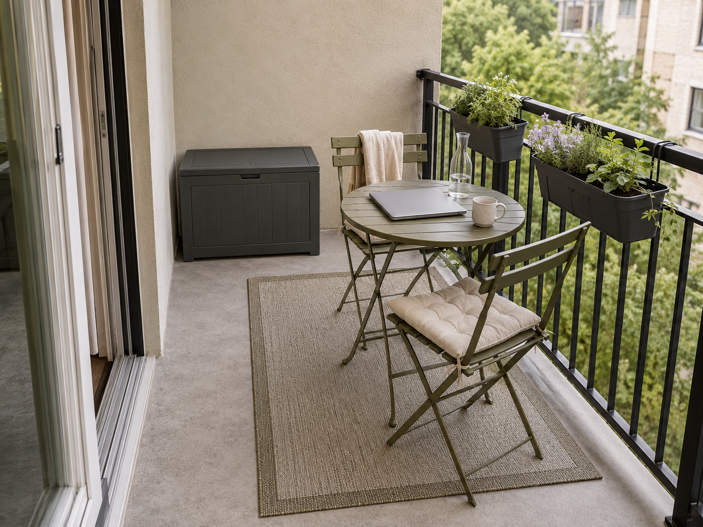 Compact balcony workspace with a folding bistro set, outdoor storage box, railing planters and a small neutral rug.