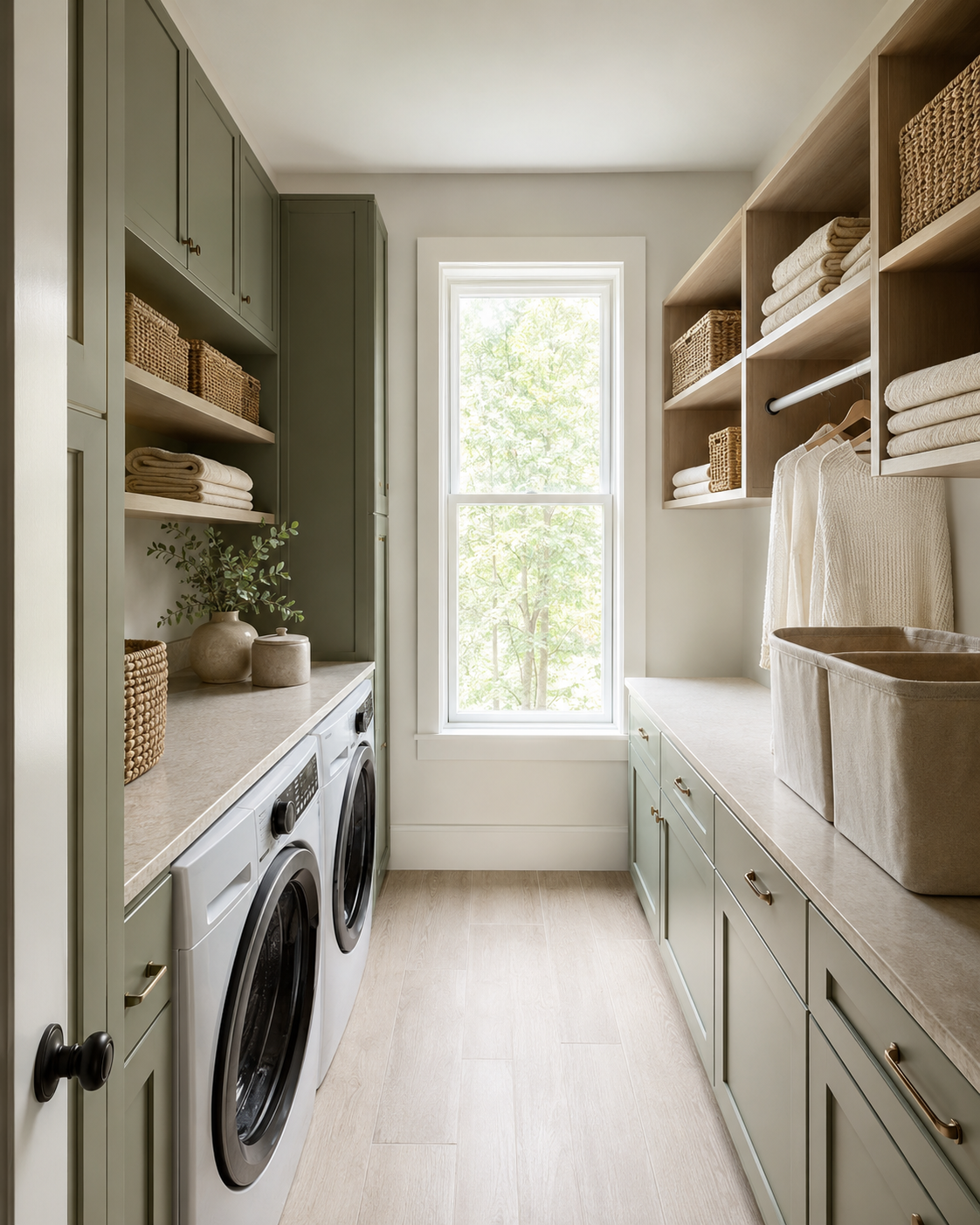 Room 910: Laundry Room Organization - Ravnora Decor Bright compact laundry room with efficient vertical storage and an open central working area