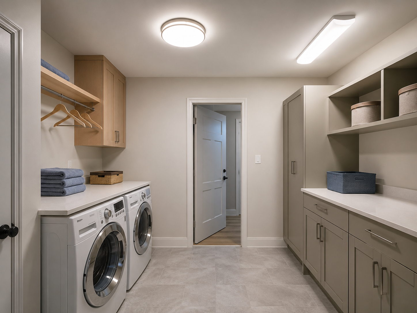 Full laundry room with a round flush-mount light and a long diffused ceiling fixture over separate utility zones.