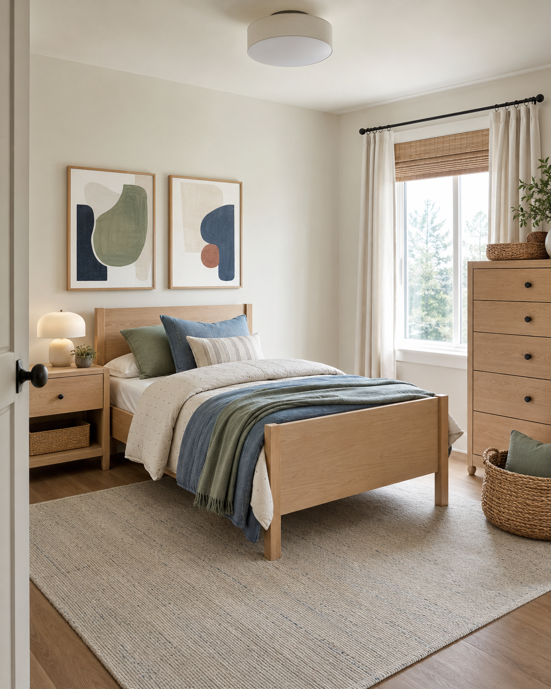 Budget-friendly kids room refresh with coordinated bedding, abstract art, lighting and a neutral rug