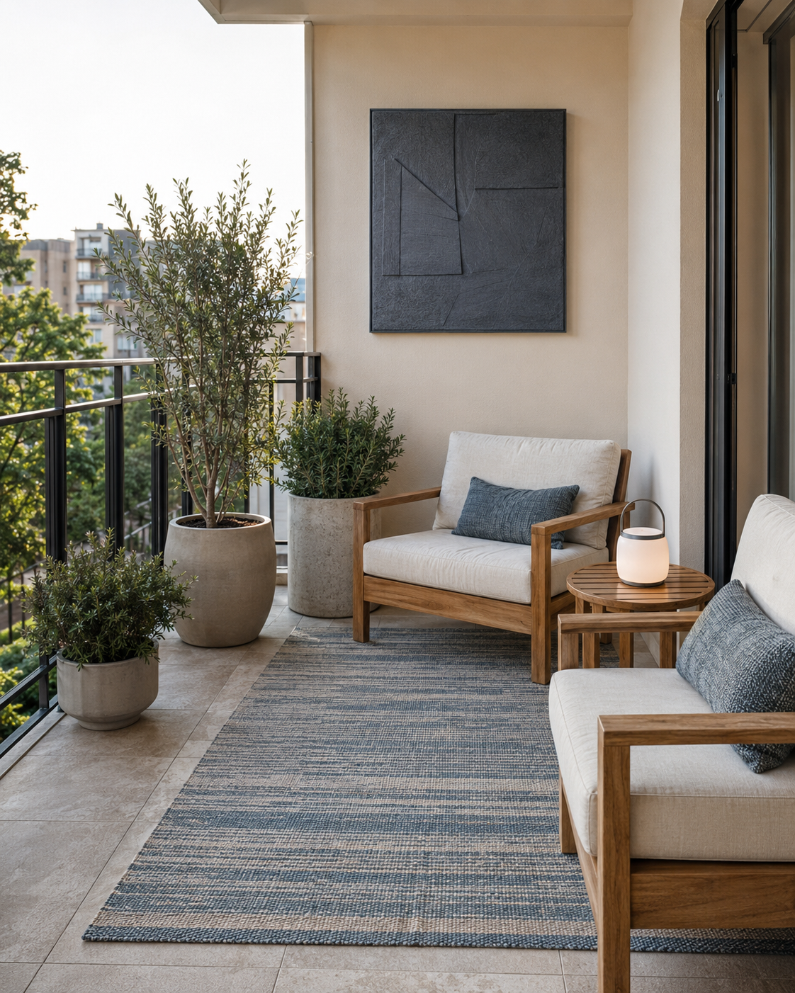 Budget-friendly patio refresh with teak chairs, a blue rug, planters, wall decor and portable lighting