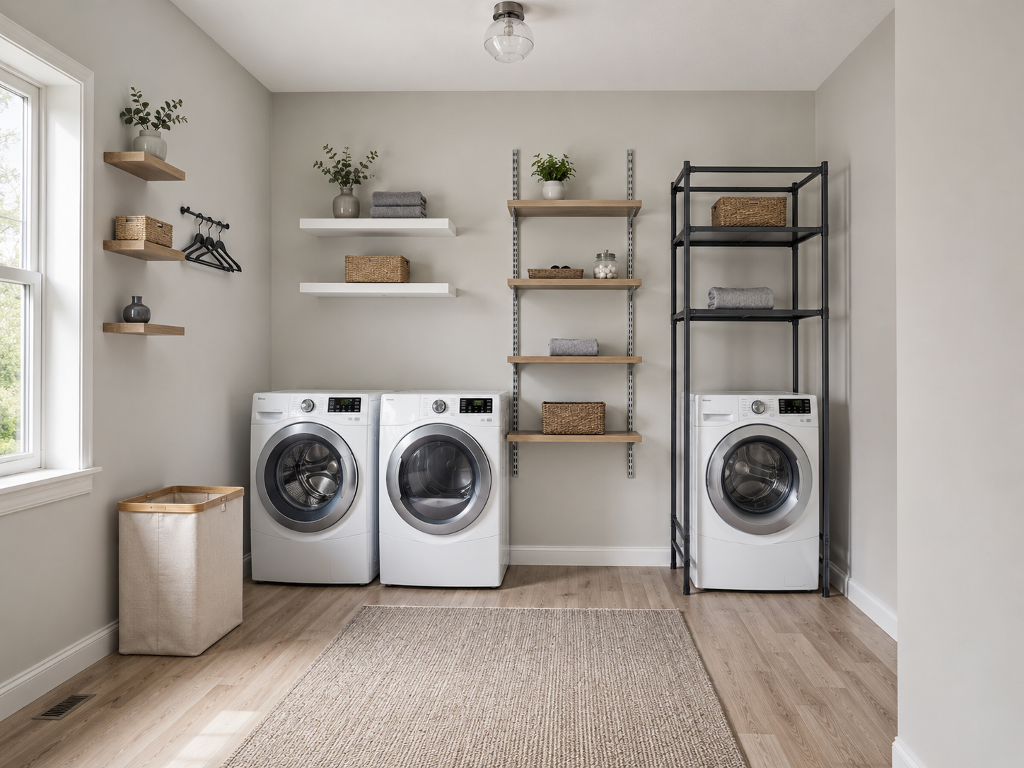 Laundry shelving product board with white wall shelves, floating shelves, adjustable rail shelving and a freestanding over-machine rack.