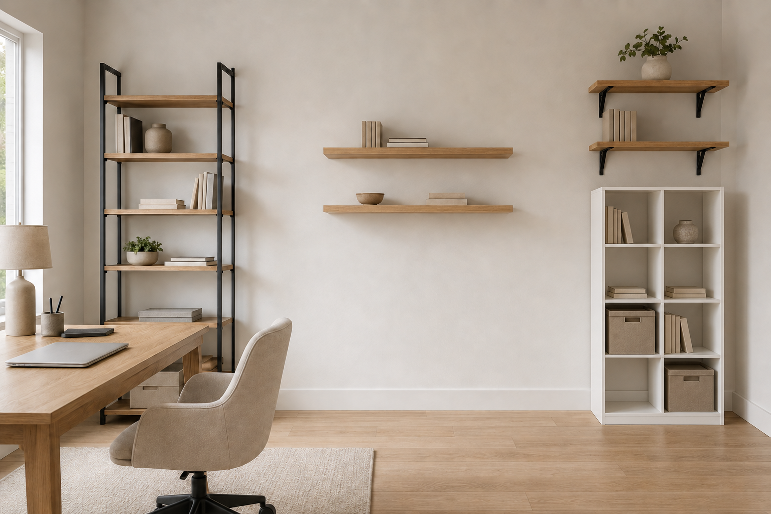 Home office shelving arrangement with a tall bookcase, floating shelves, bracketed wall shelves and a white cube organizer