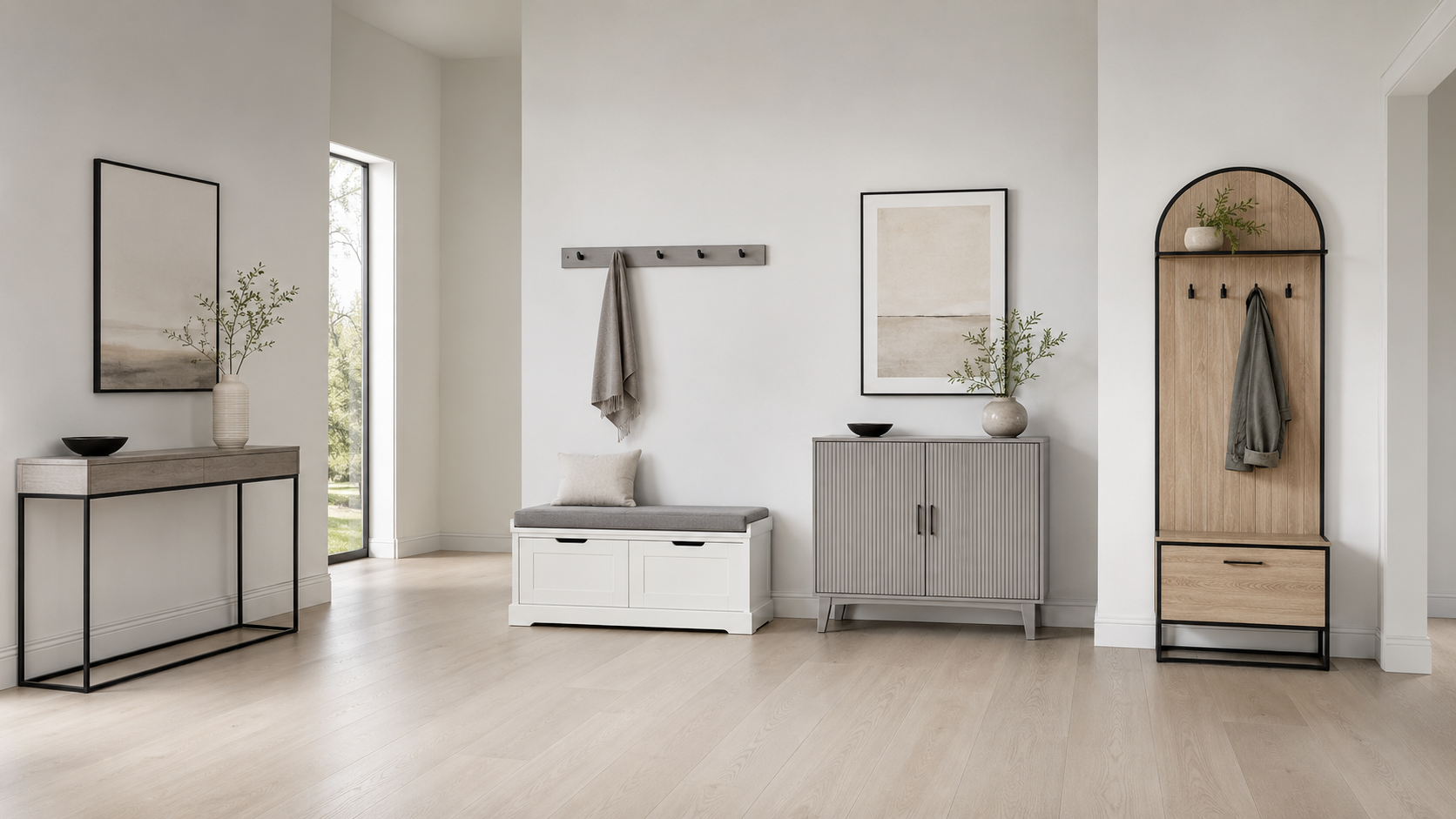 Entryway furniture with a narrow console table, storage bench, fluted cabinet and arched hall tree