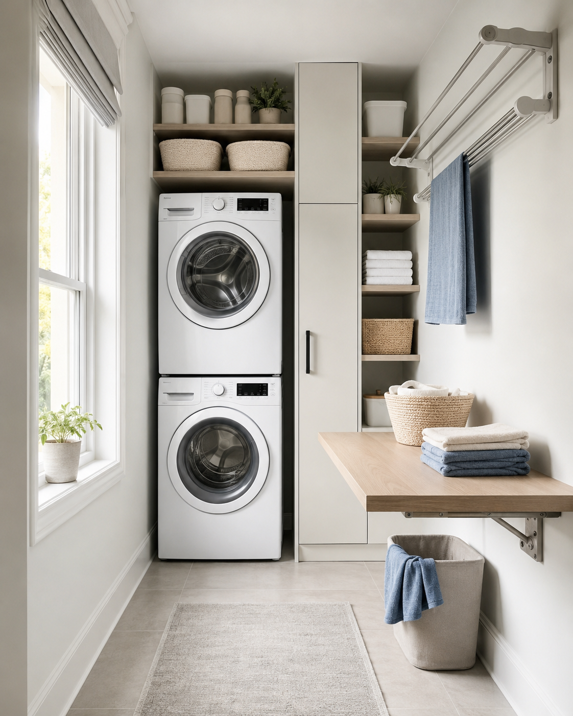 Premium laundry room with full-height cabinets, pull-out hampers, open shelving and integrated drying storage