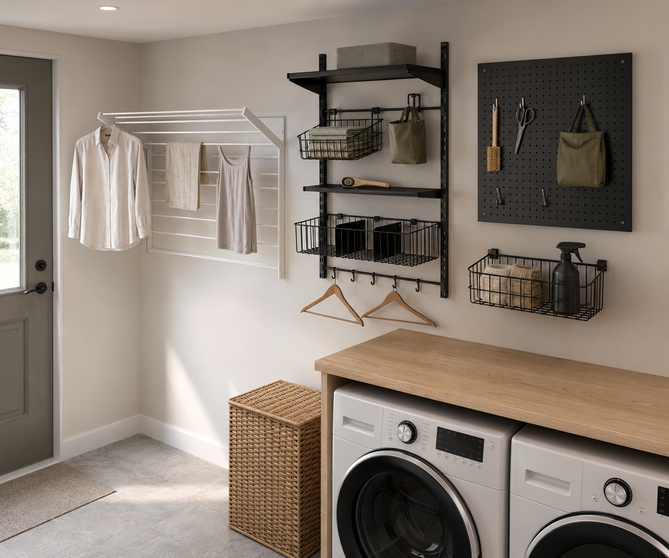 Fold-out drying rack, modular laundry wall storage, black pegboard and wire basket arranged above a pale oak laundry counter.
