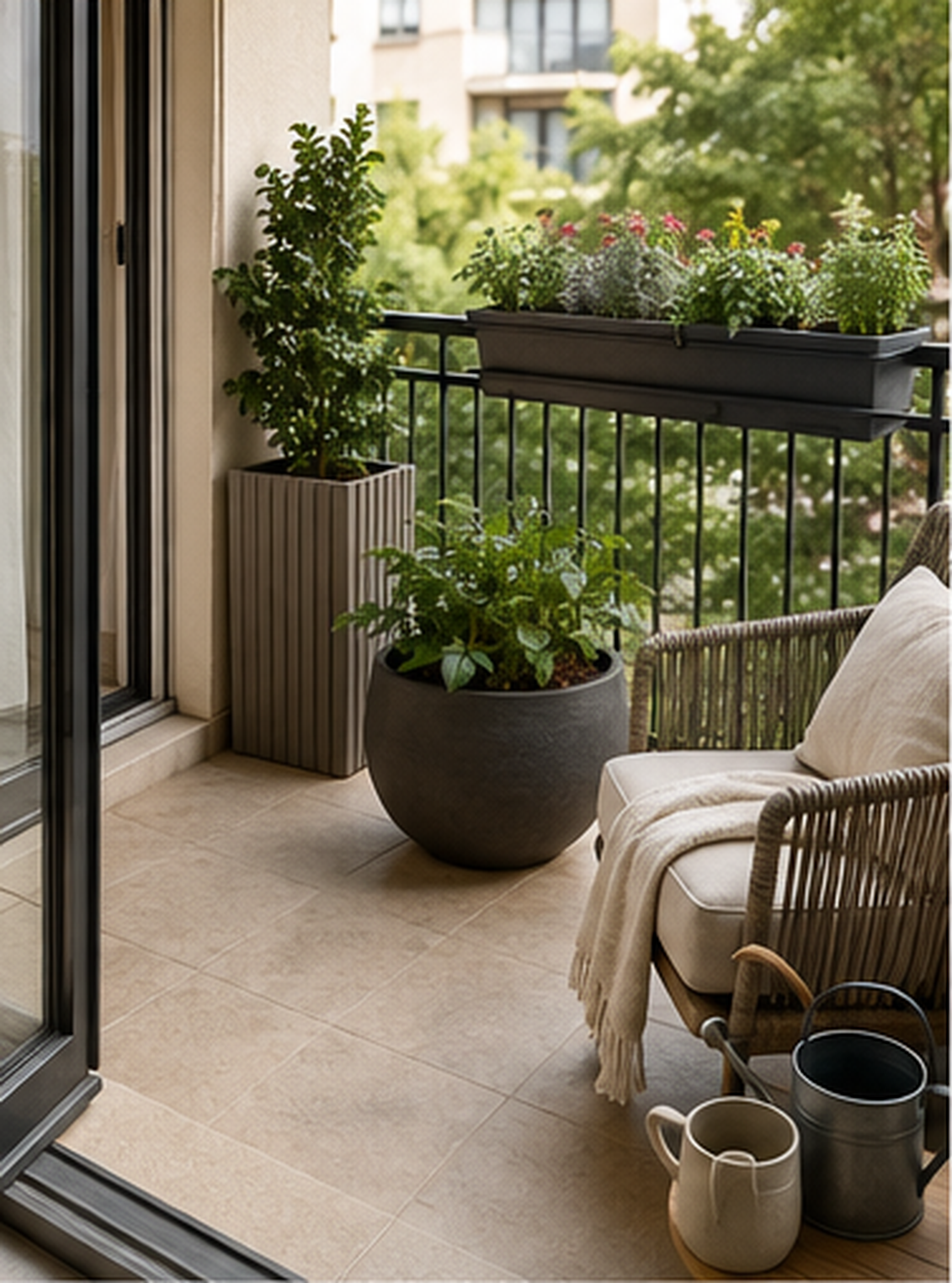 Modern apartment balcony with railing planters, tall floor planters, layered greenery and compact outdoor seating