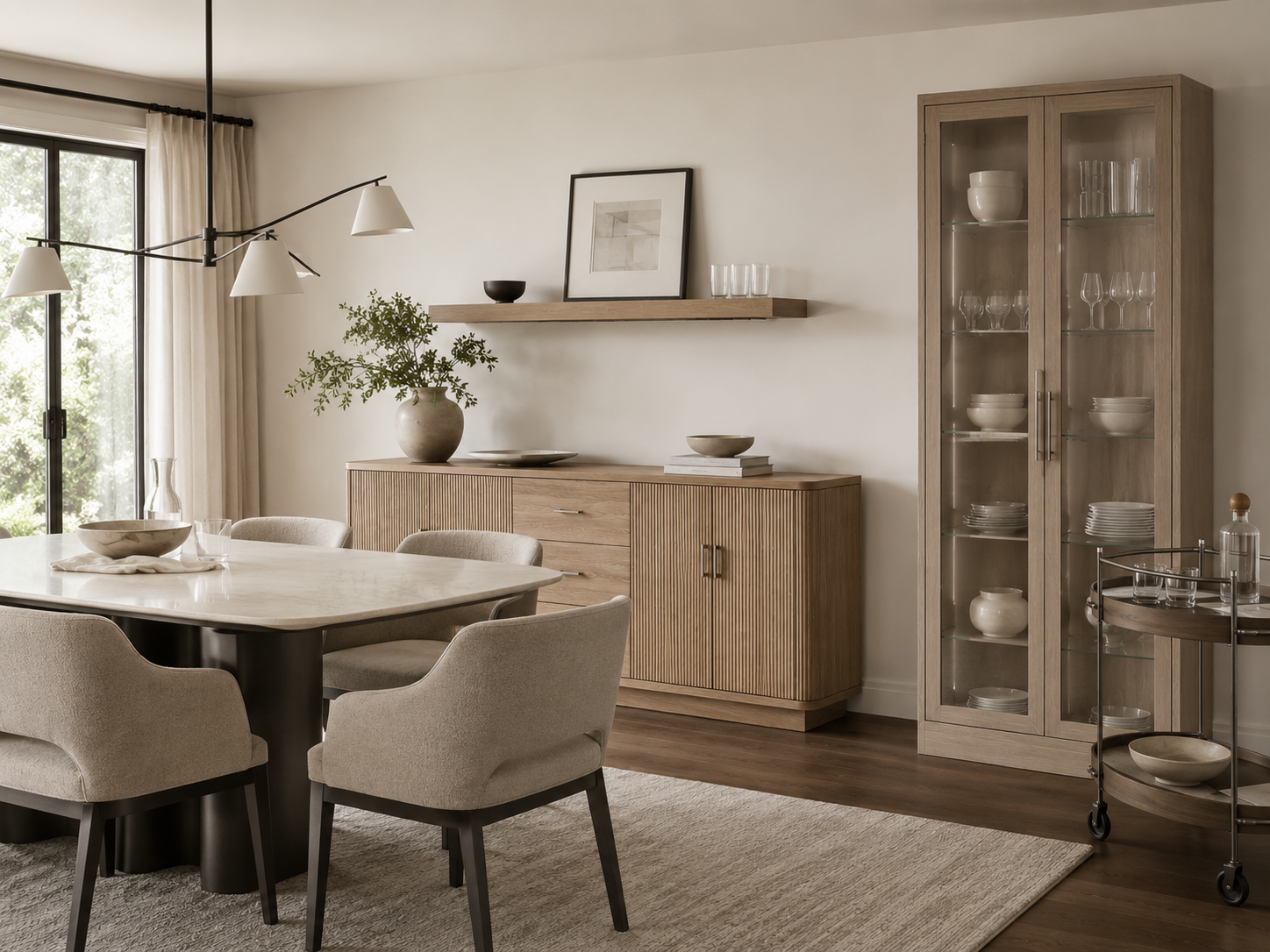 Dining room storage with a fluted sideboard, tall glass cabinet, floating shelf and rolling bar cart