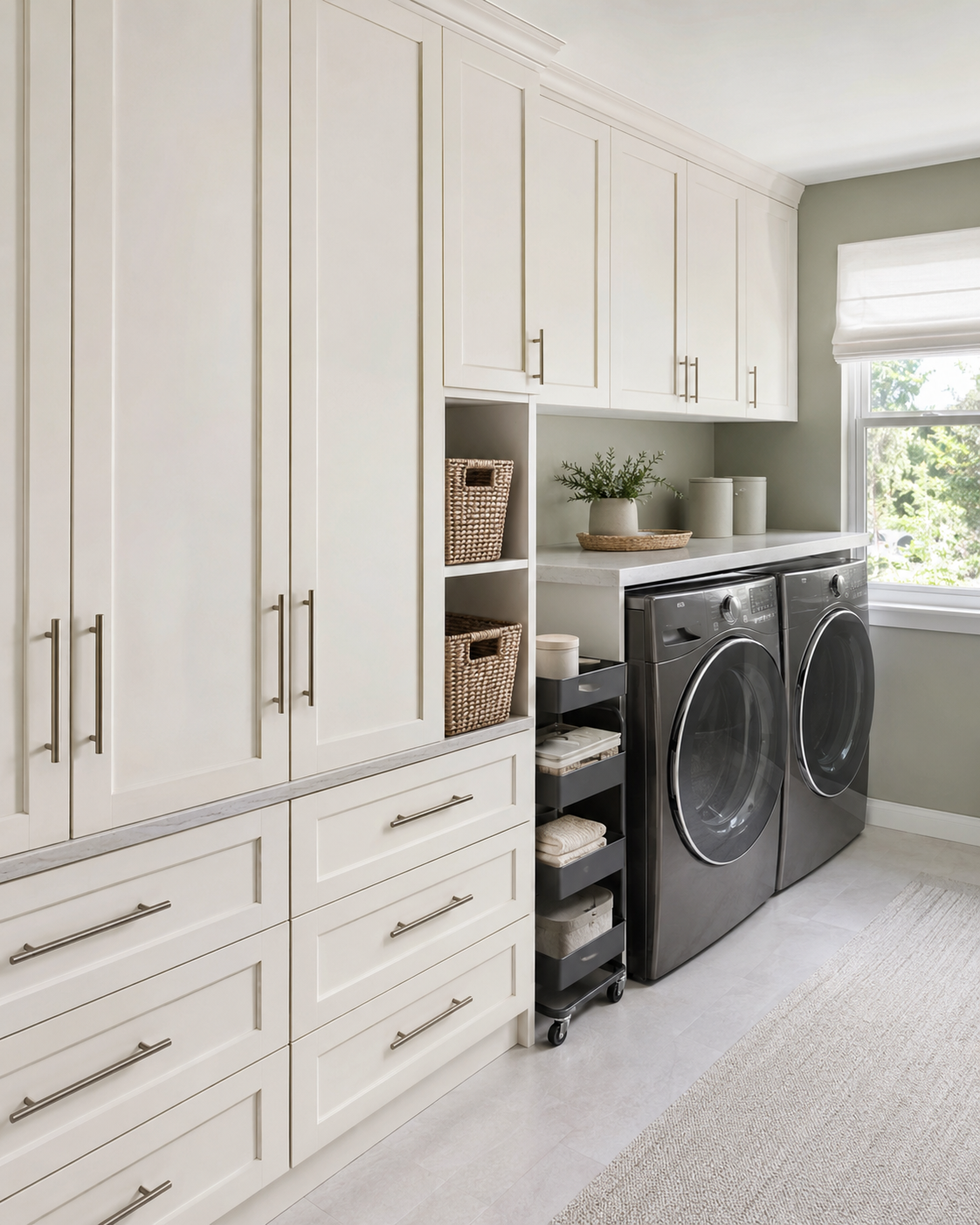 Laundry room storage with closed cabinets, open shelves and neatly organized washing supplies