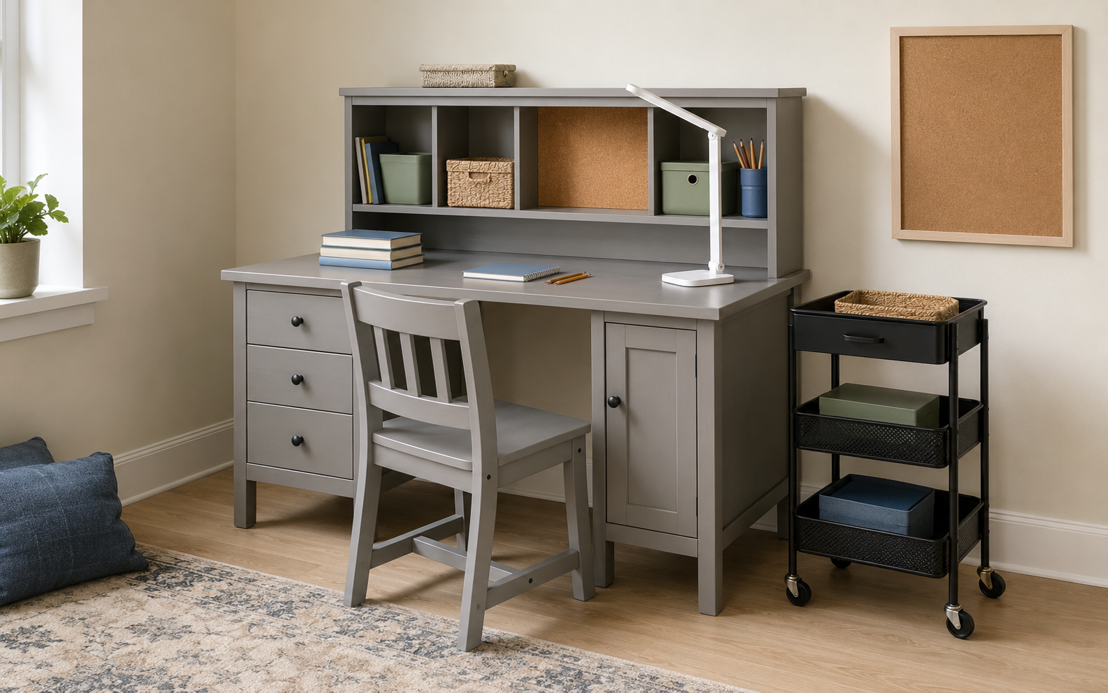 Gray kids study corner with a storage desk, task lamp, rolling cart and cork board