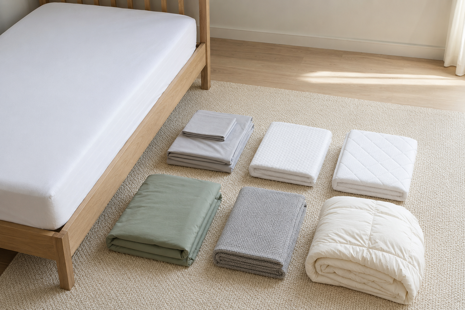 Six kids bedding choices arranged beside a twin bed, including sheets, protectors, a duvet, quilt and comforter.