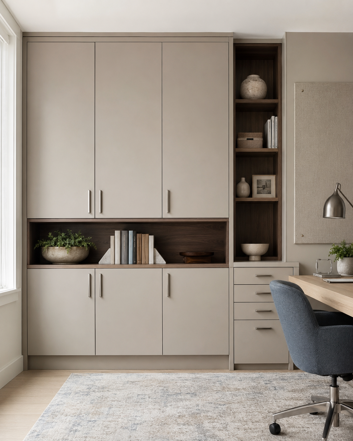 Closed cabinets and organized storage in a warm neutral home office