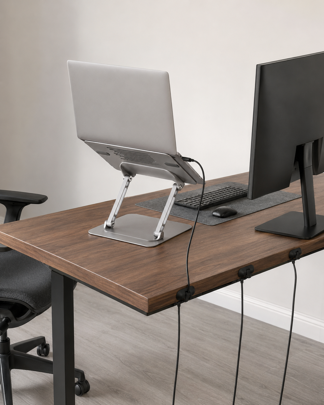 Adjustable silver laptop stand with neatly clipped charging cables on a clean walnut technology desk.