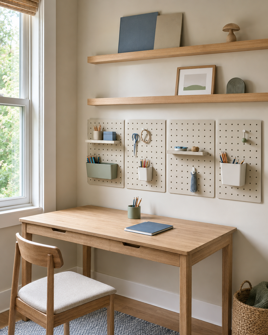 Calm kids wall display with wooden picture ledges, modular pegboards and study desk