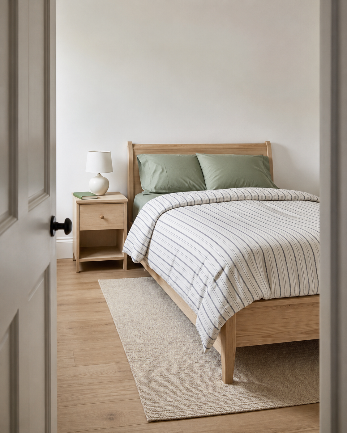 Calm Twin XL bed with a navy striped comforter and muted sage pillowcases in a neutral kids room.