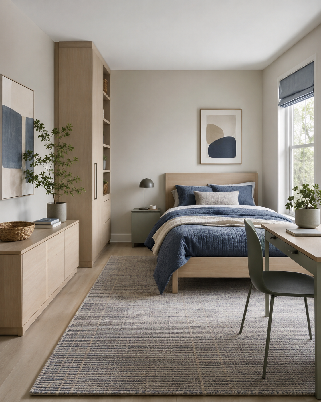 Calm kids room with soft navy bedding, pale oak storage, abstract artwork and a study desk