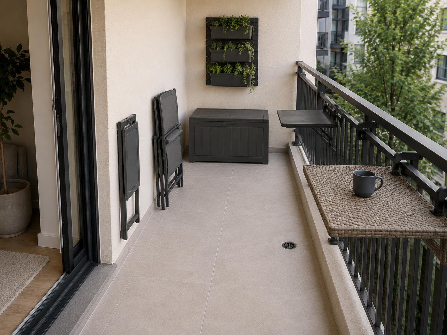 Long narrow balcony with two railing tables, folded and stacked chairs, compact storage and a wall planter around a clear path.